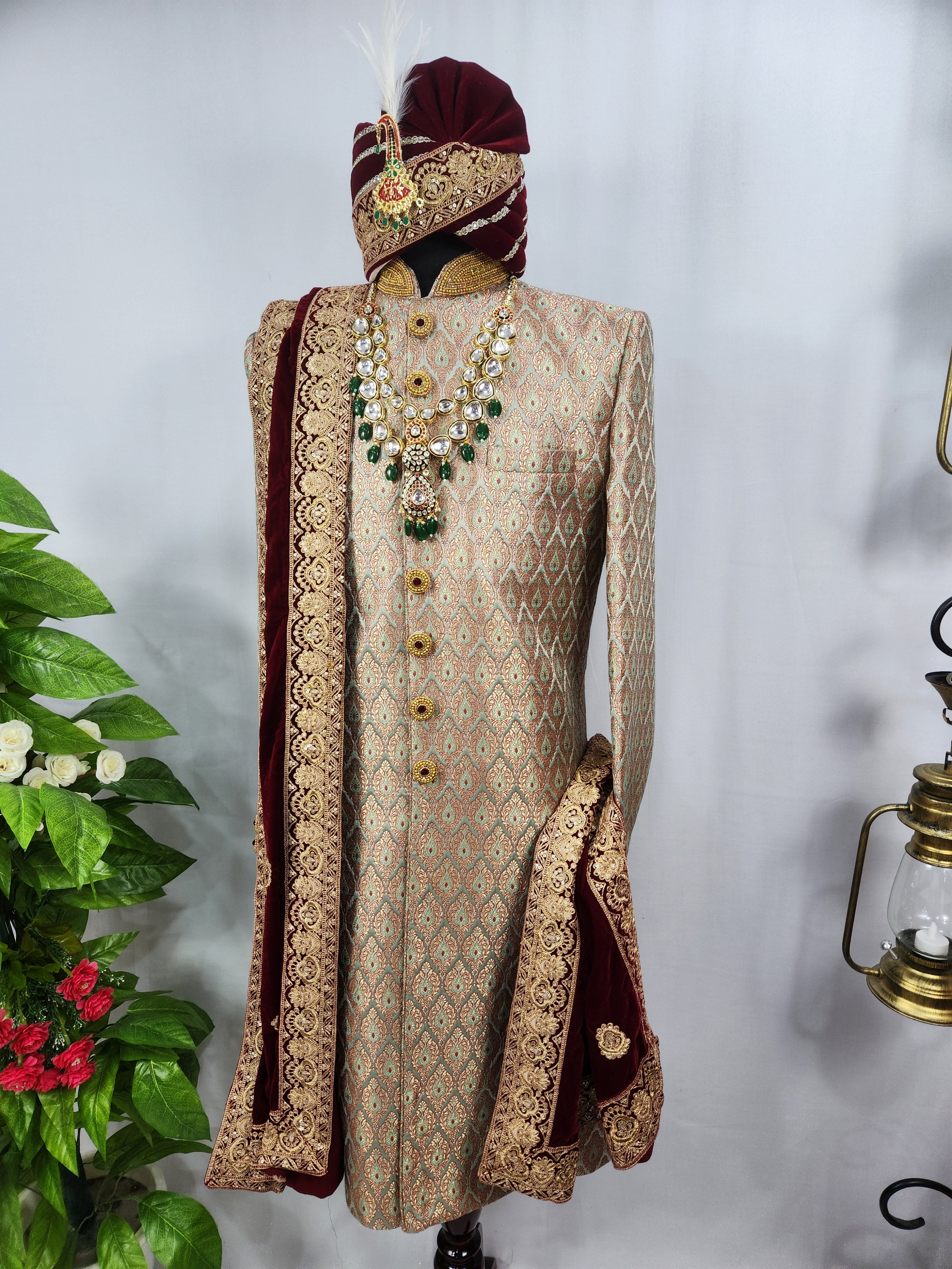 Copper Golden Wedding Groom Sherwani - Antique Work Beads | Sherwani For Men
