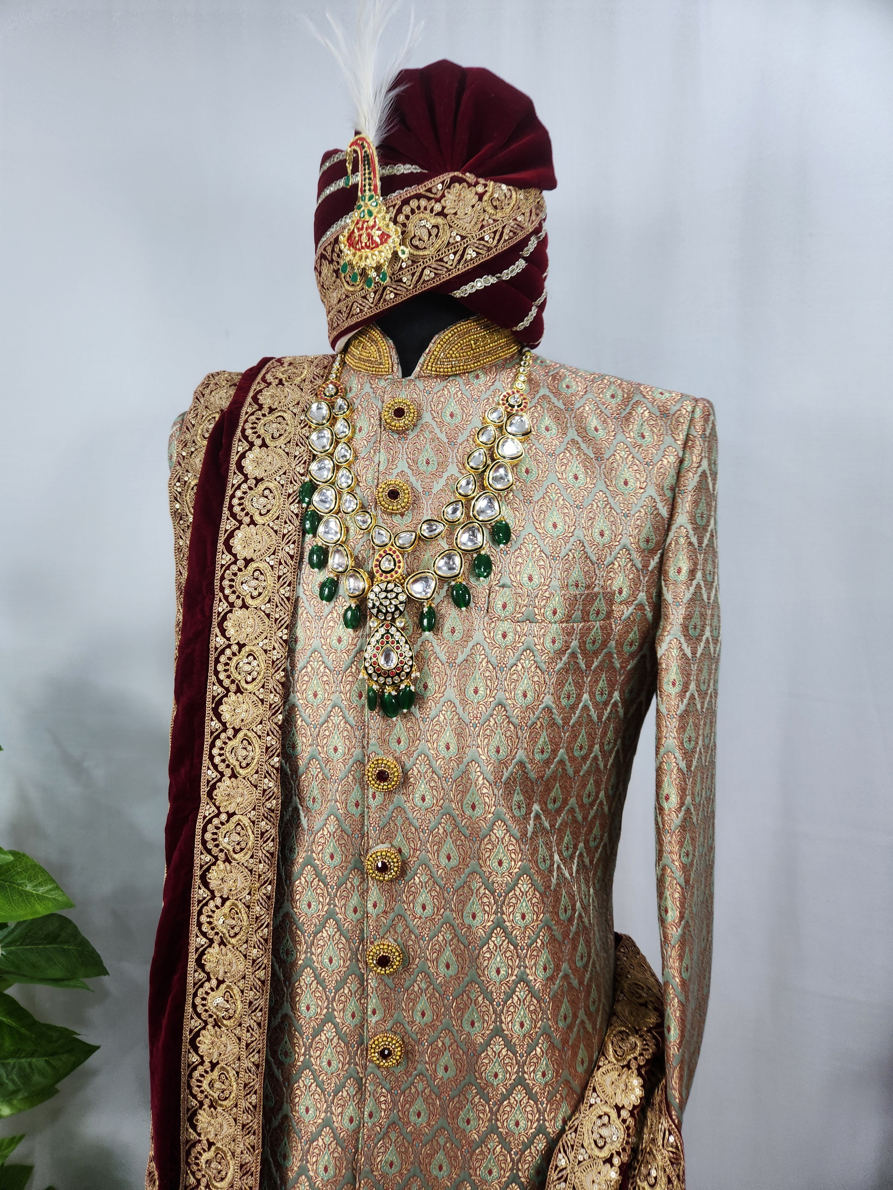 Copper Golden Wedding Groom Sherwani - Antique Work Beads | Sherwani For Men