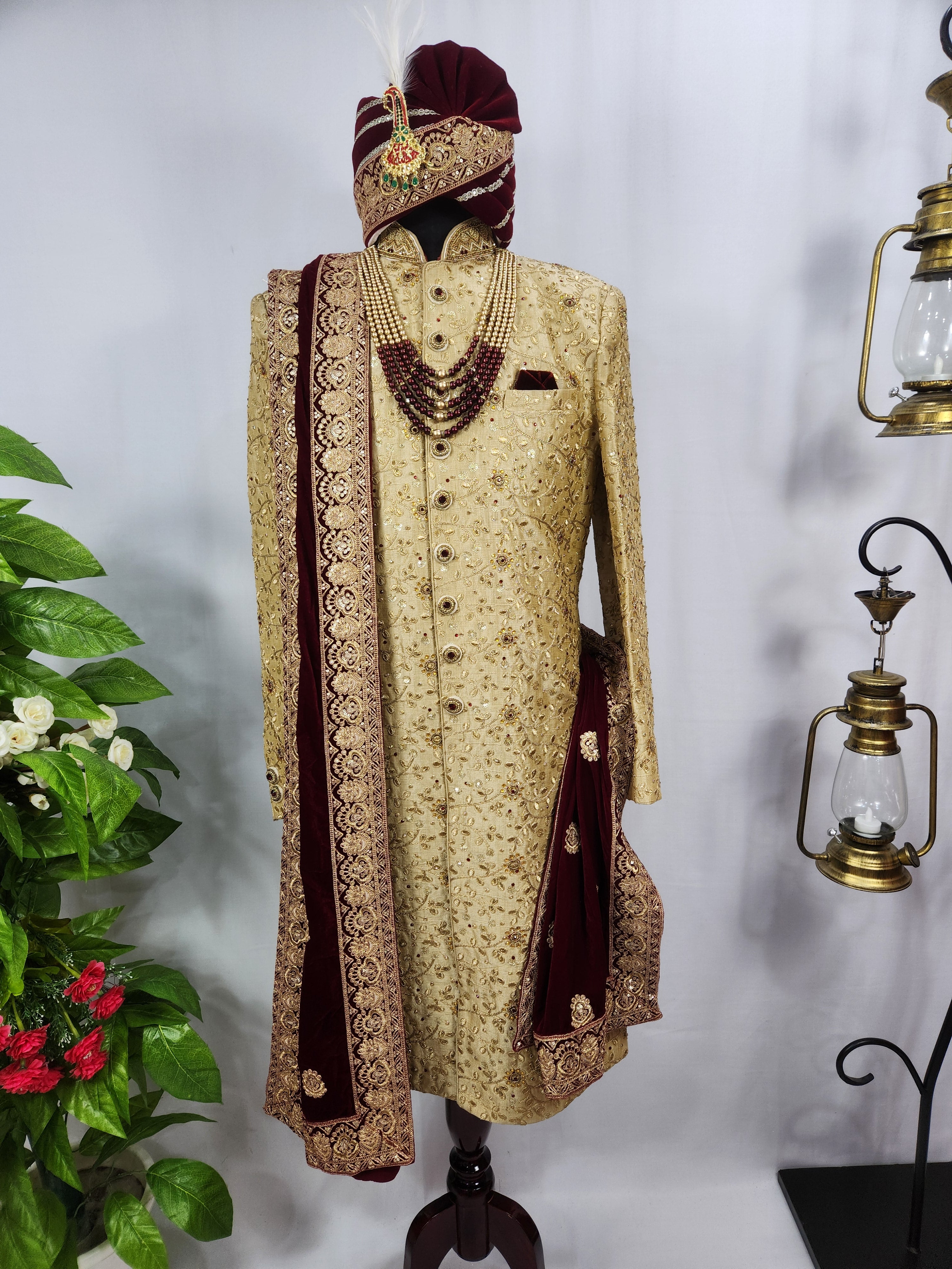 Golden Wedding Groom Sherwani - Red and Golden Stone | Sherwani For Men
