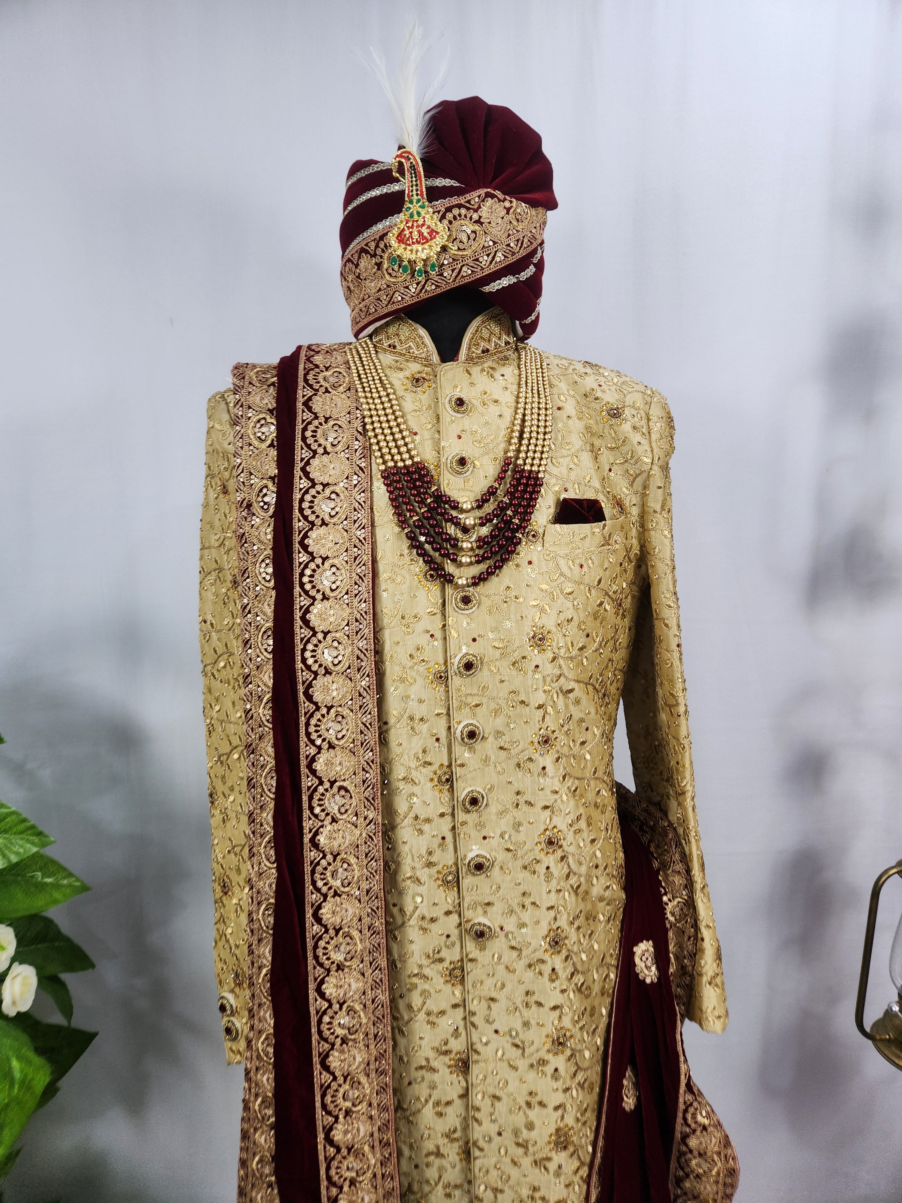 Golden Wedding Groom Sherwani - Red and Golden Stone | Sherwani For Men