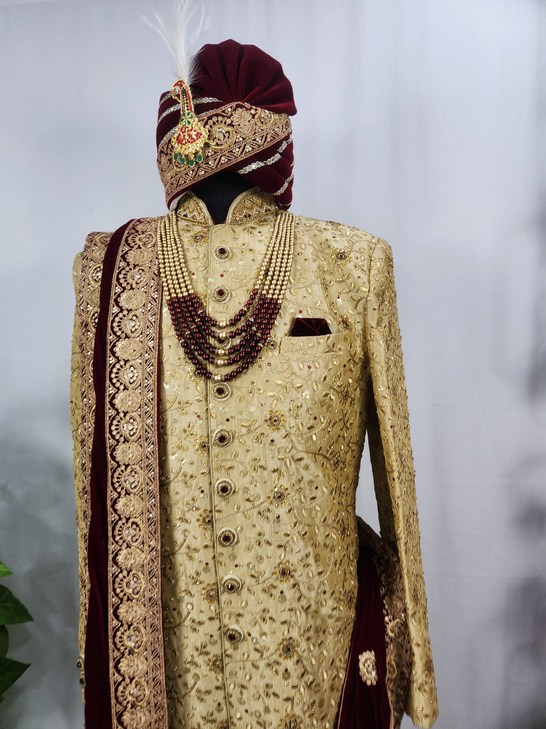 Golden Wedding Groom Sherwani - Red and Golden Stone | Sherwani For Men