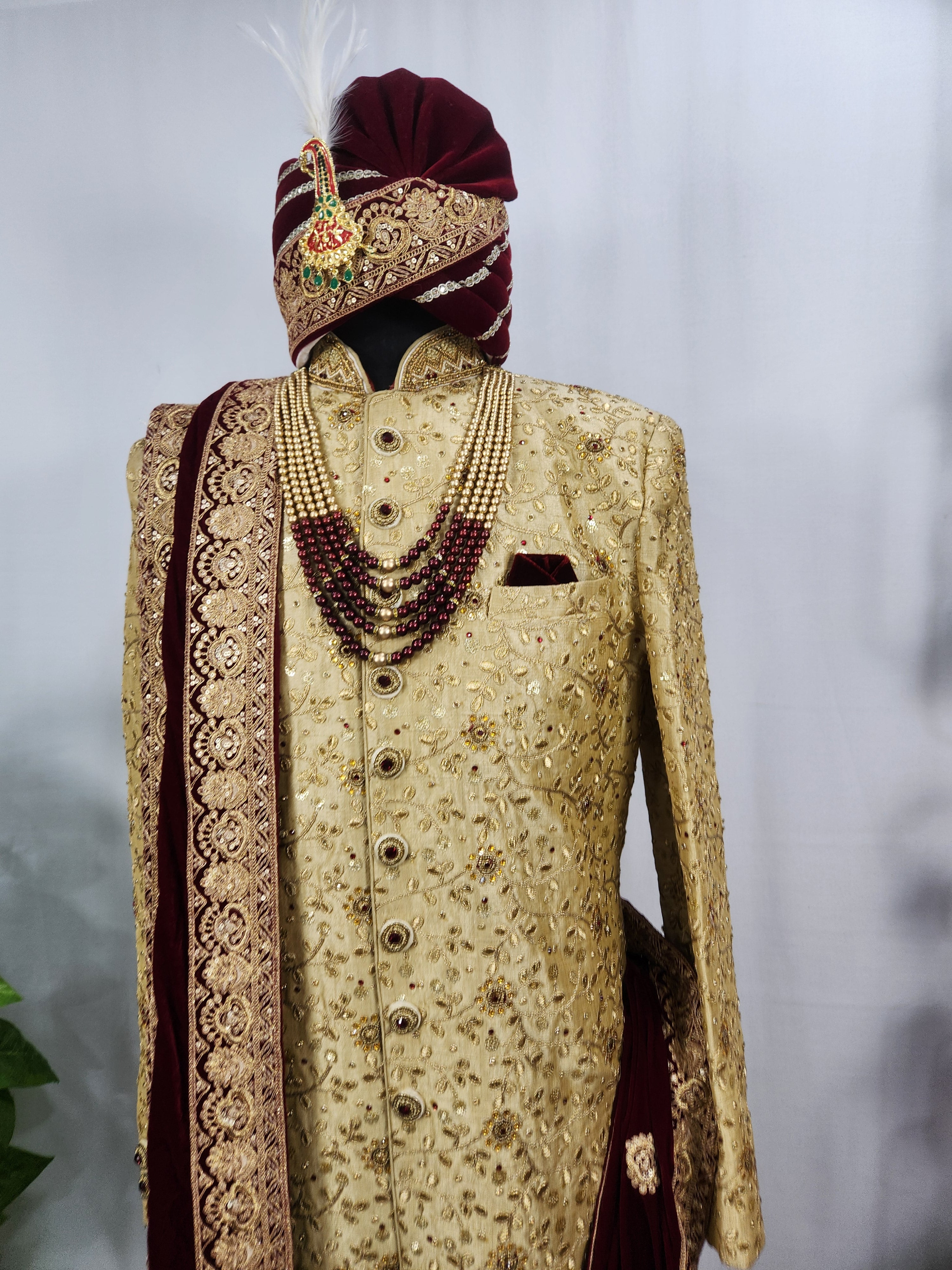 Golden Wedding Groom Sherwani - Red and Golden Stone | Sherwani For Men