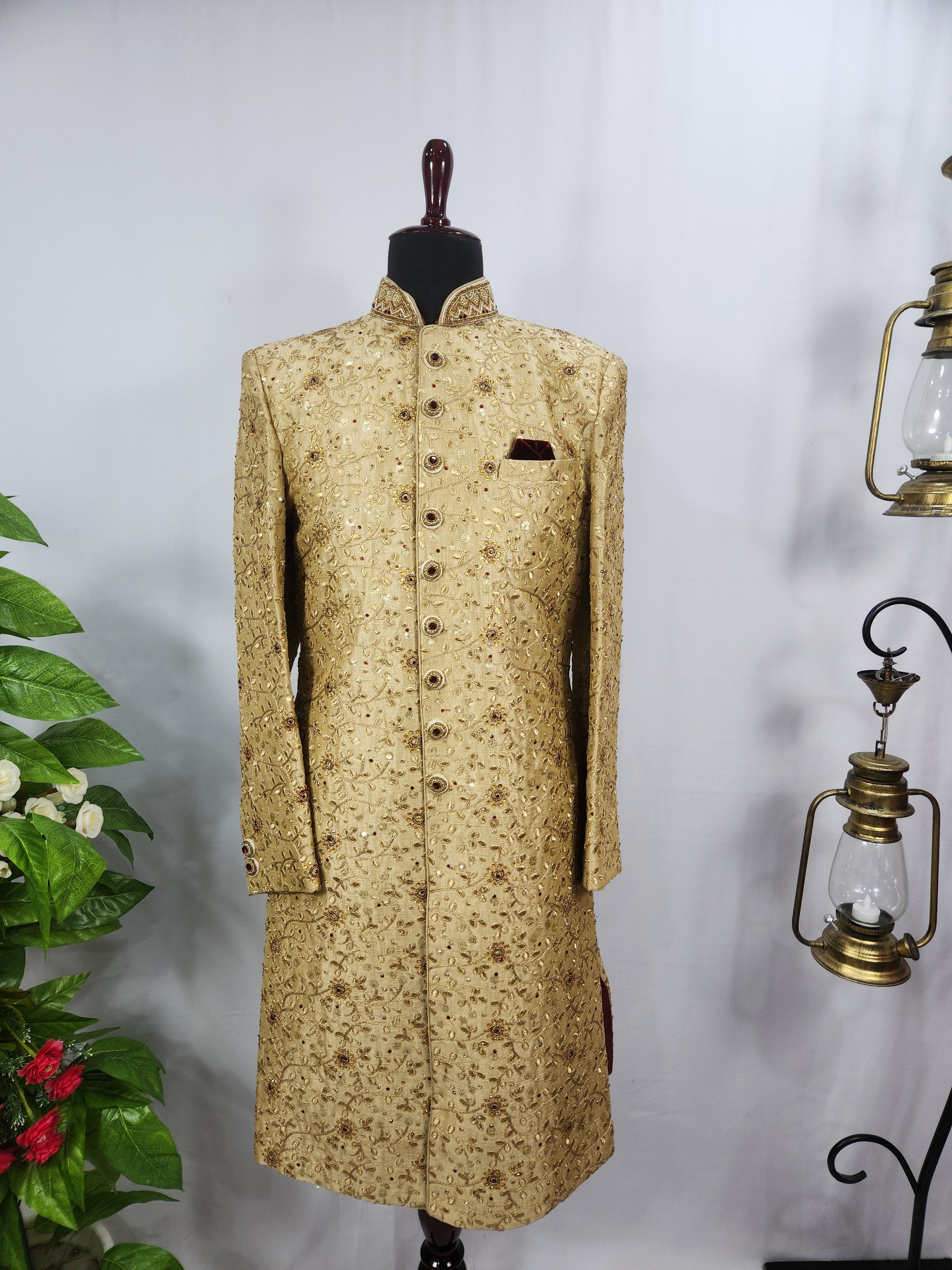 Golden Wedding Groom Sherwani - Red and Golden Stone | Sherwani For Men