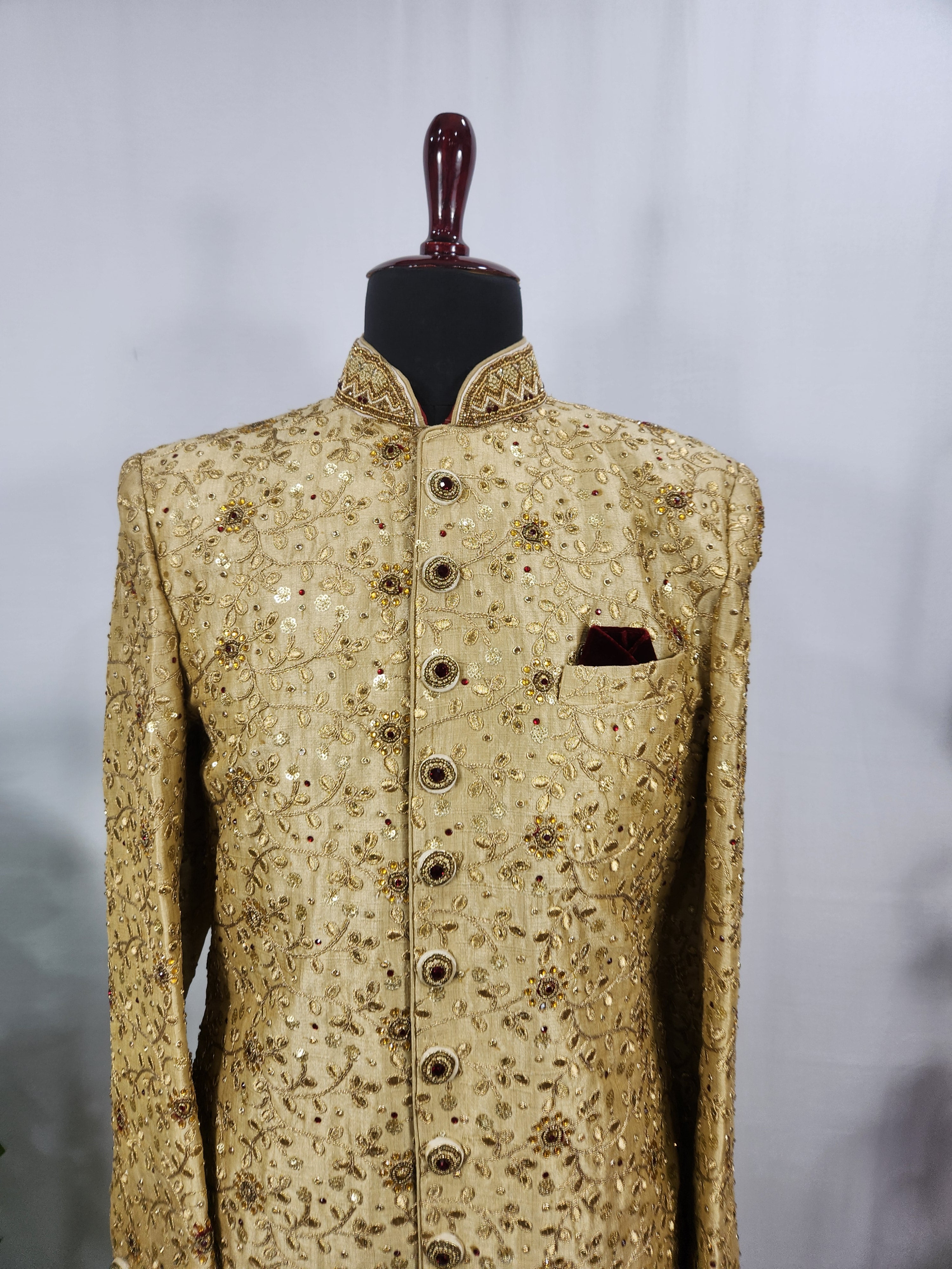 Golden Wedding Groom Sherwani - Red and Golden Stone | Sherwani For Men