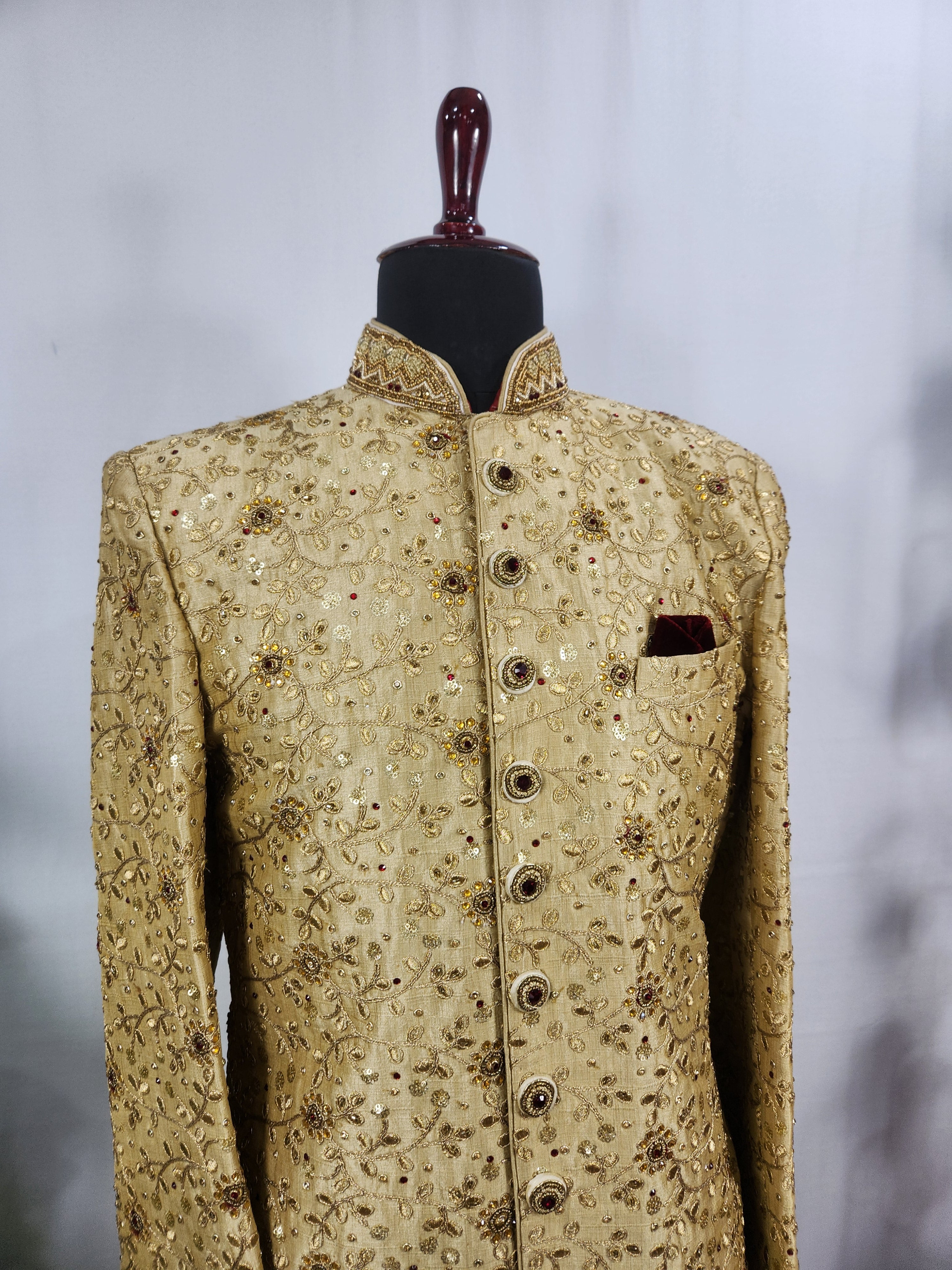 Golden Wedding Groom Sherwani - Red and Golden Stone | Sherwani For Men