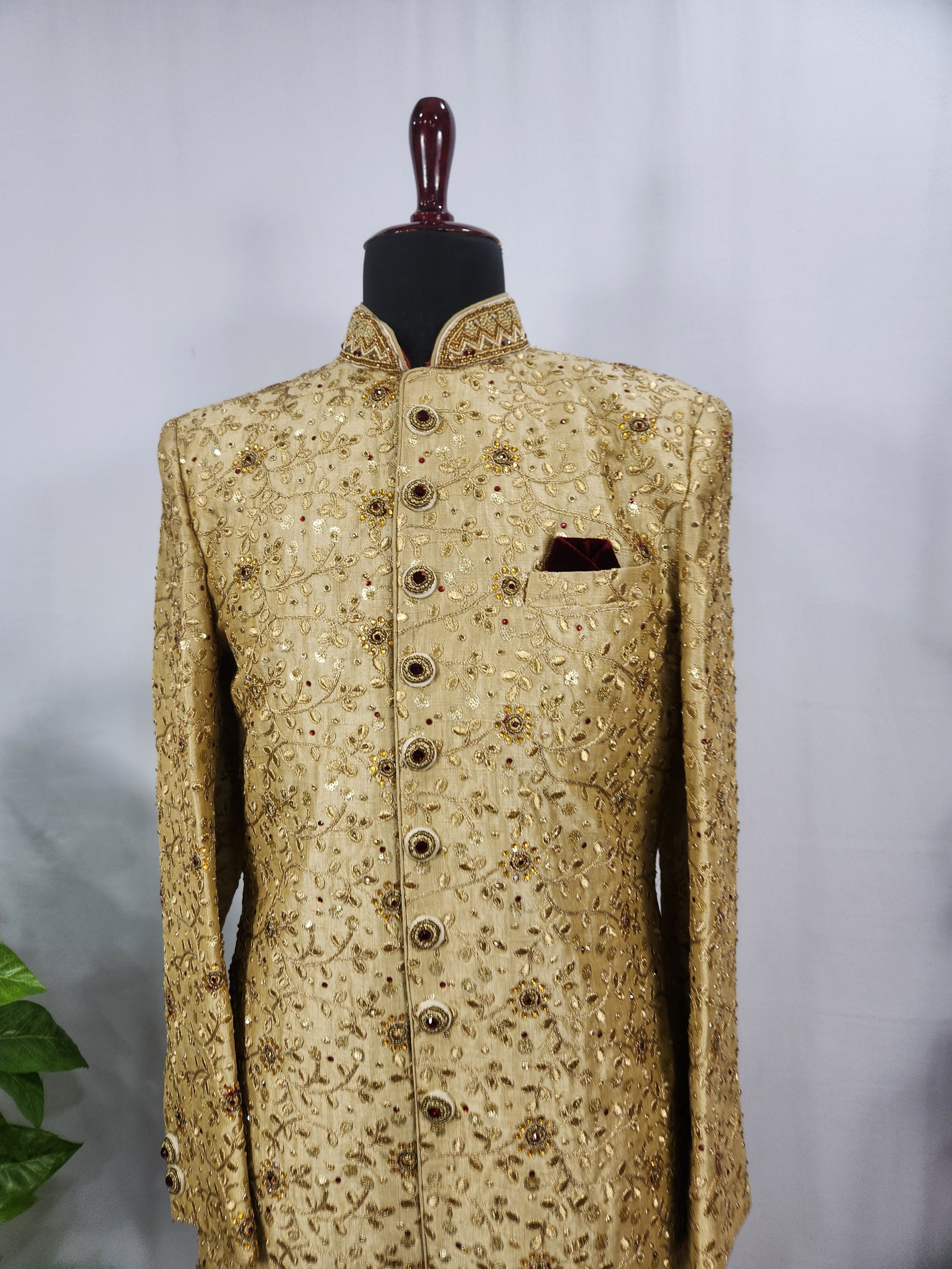 Golden Wedding Groom Sherwani - Red and Golden Stone | Sherwani For Men