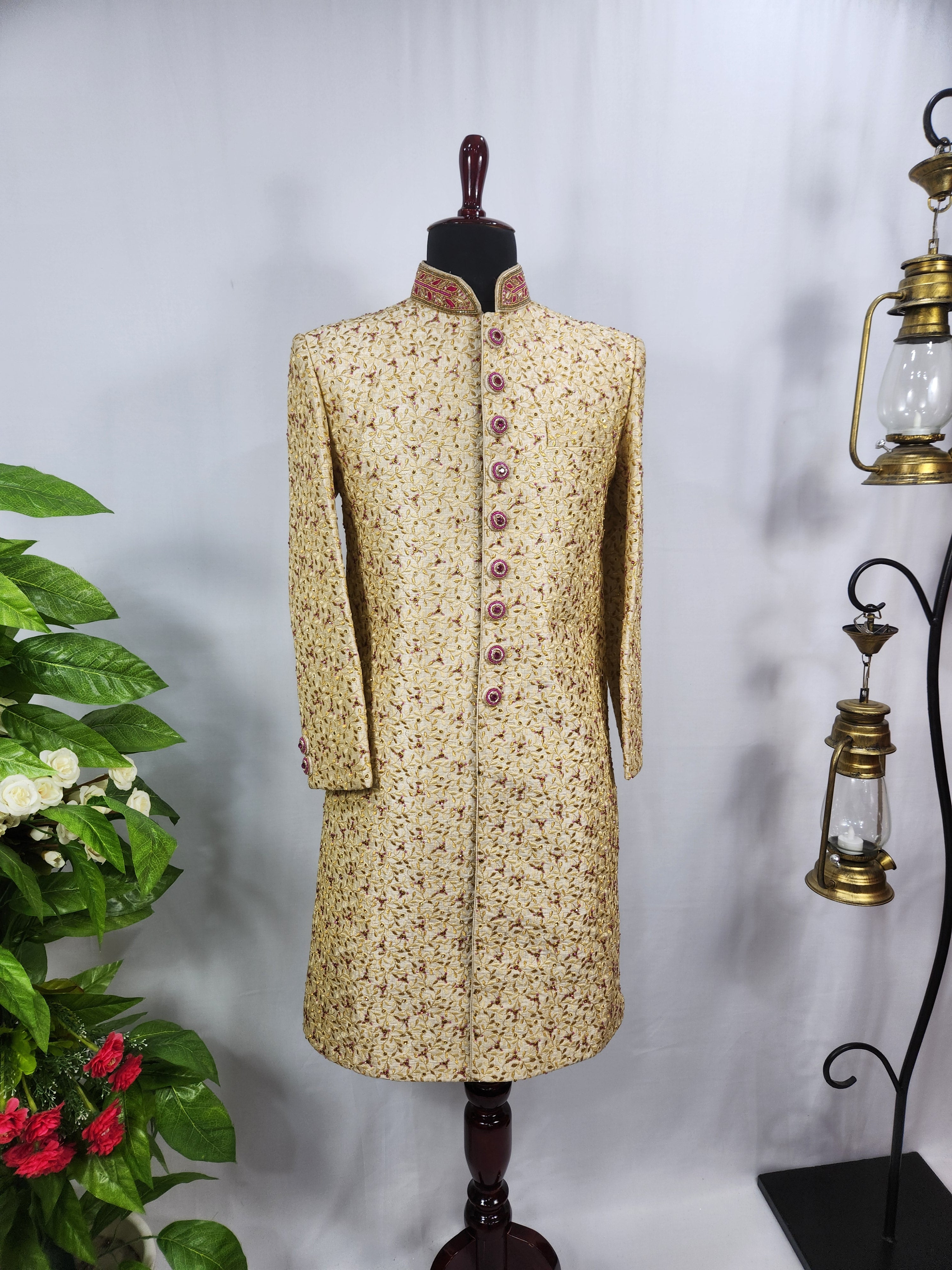 Golden Wedding Groom Sherwani - Magenta Beads and Zarkan | Sherwani For Men