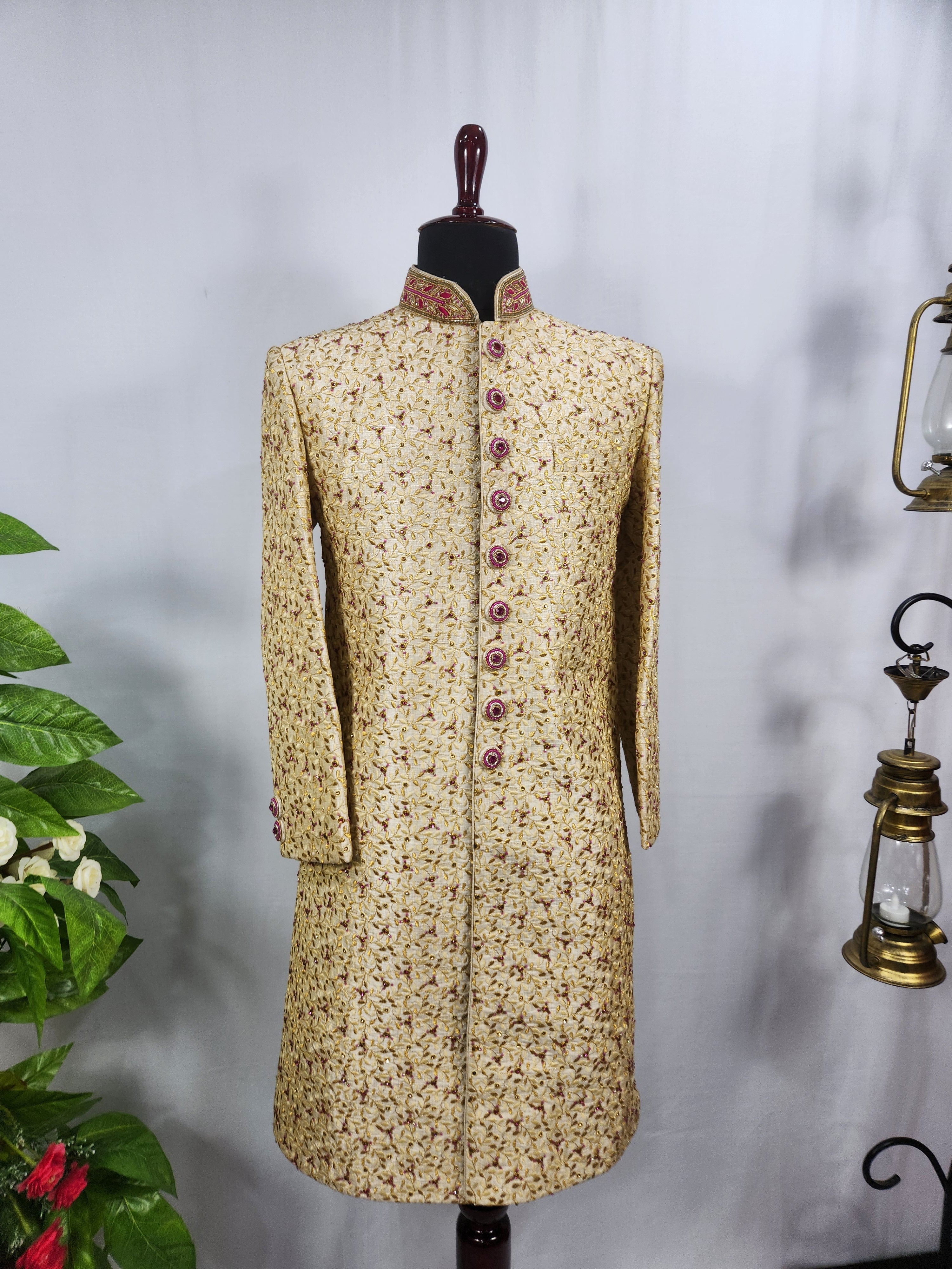 Golden Wedding Groom Sherwani - Magenta Beads and Zarkan | Sherwani For Men