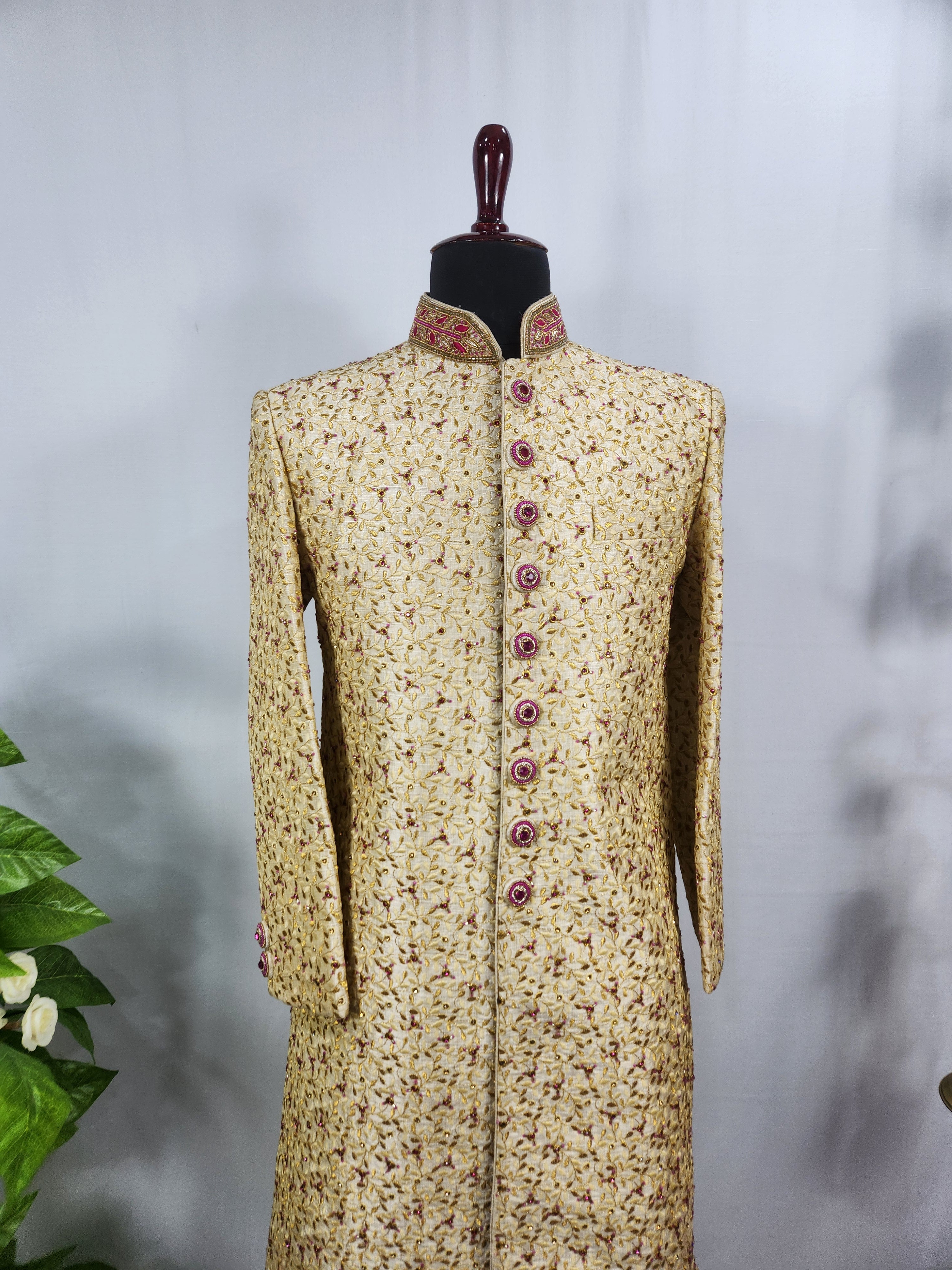Golden Wedding Groom Sherwani - Magenta Beads and Zarkan | Sherwani For Men