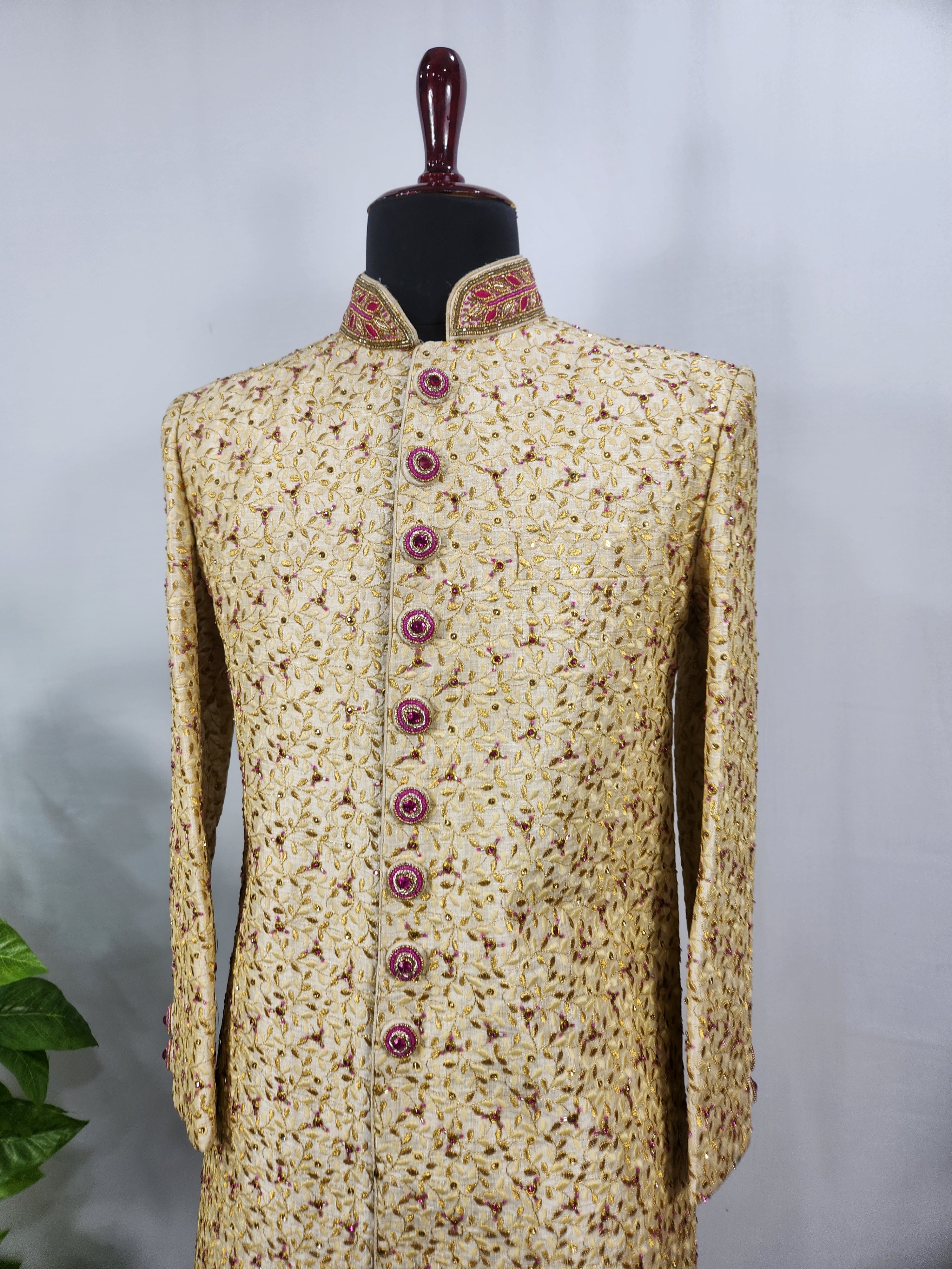 Golden Wedding Groom Sherwani - Magenta Beads and Zarkan | Sherwani For Men