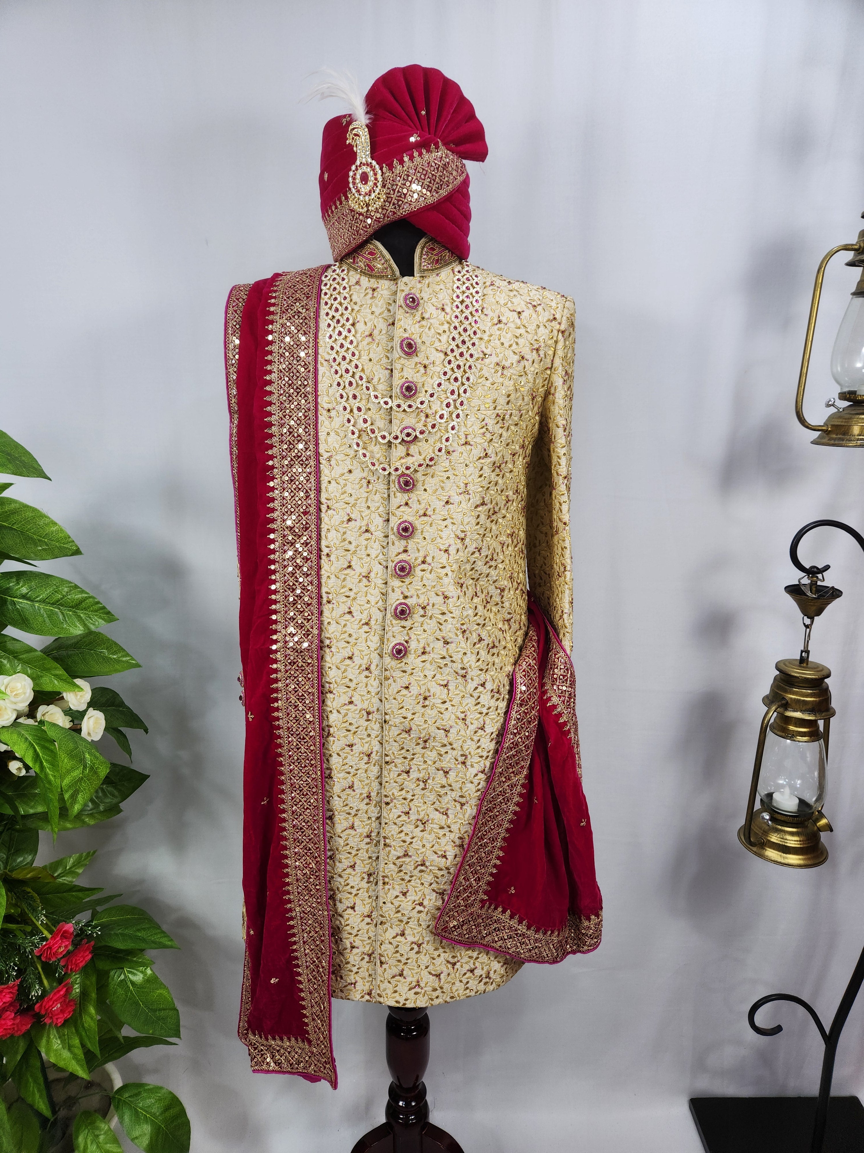 Golden Wedding Groom Sherwani - Magenta Beads and Zarkan | Sherwani For Men