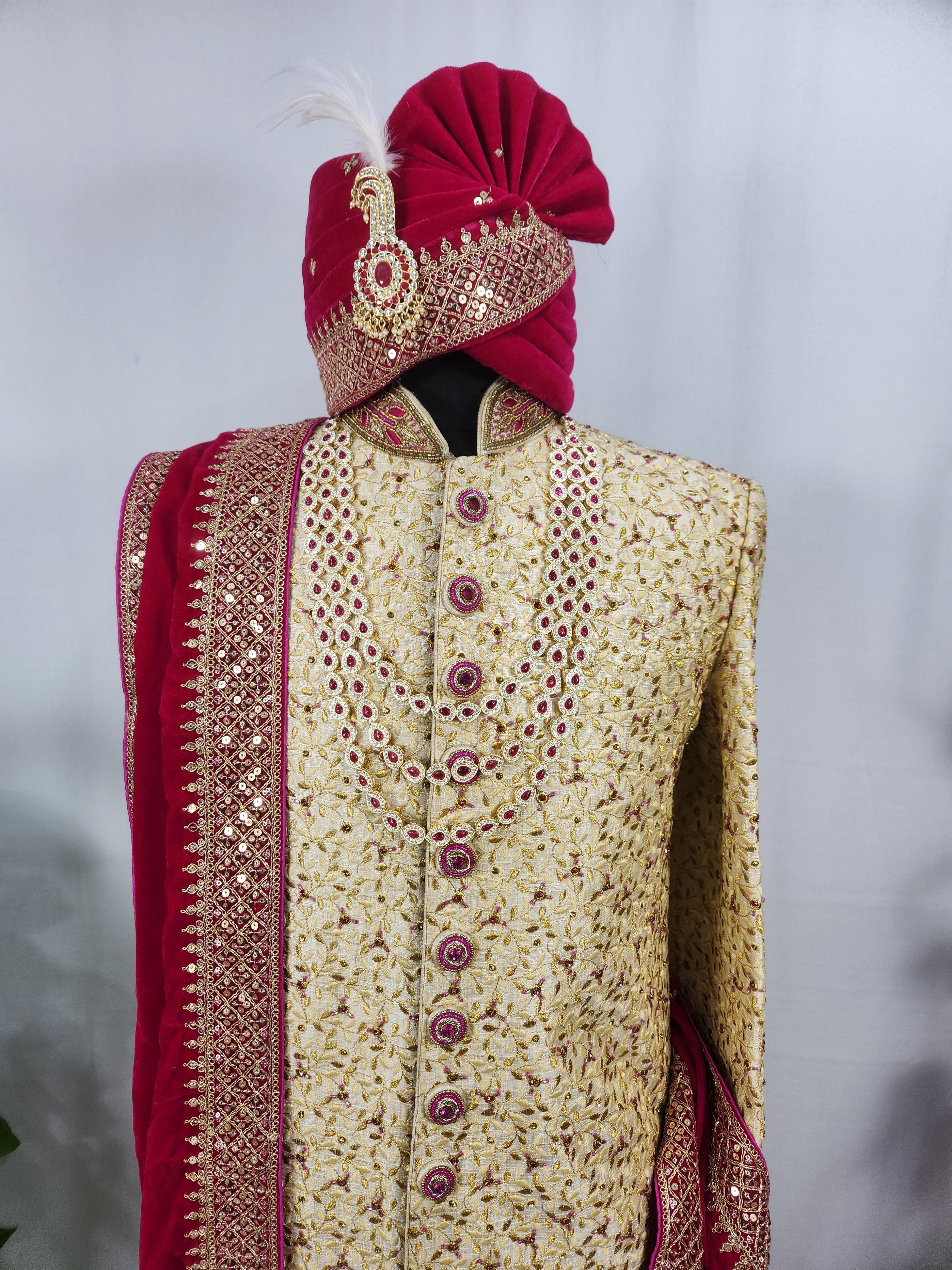 Golden Wedding Groom Sherwani - Magenta Beads and Zarkan | Sherwani For Men
