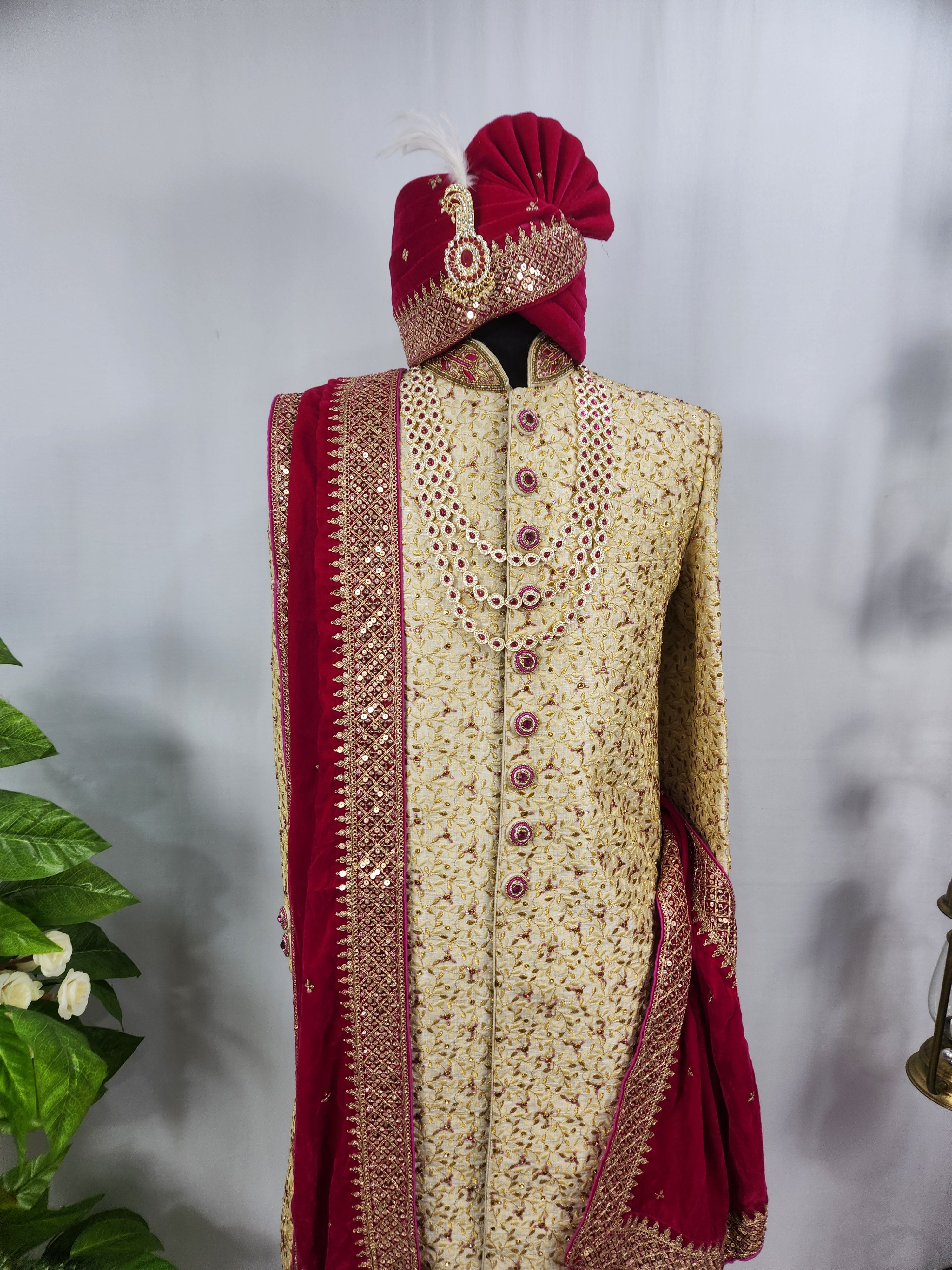 Golden Wedding Groom Sherwani - Magenta Beads and Zarkan | Sherwani For Men