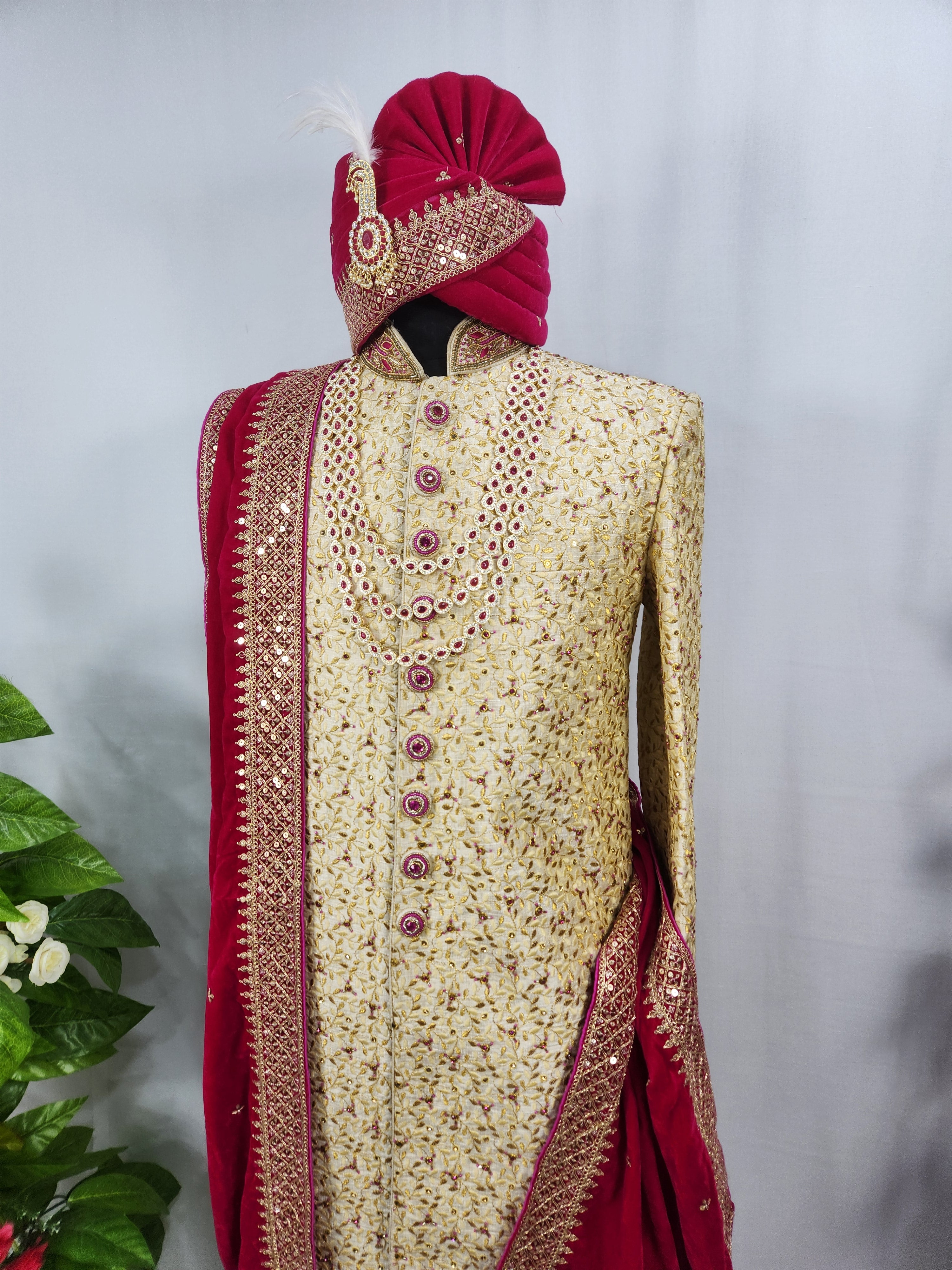Golden Wedding Groom Sherwani - Magenta Beads and Zarkan | Sherwani For Men
