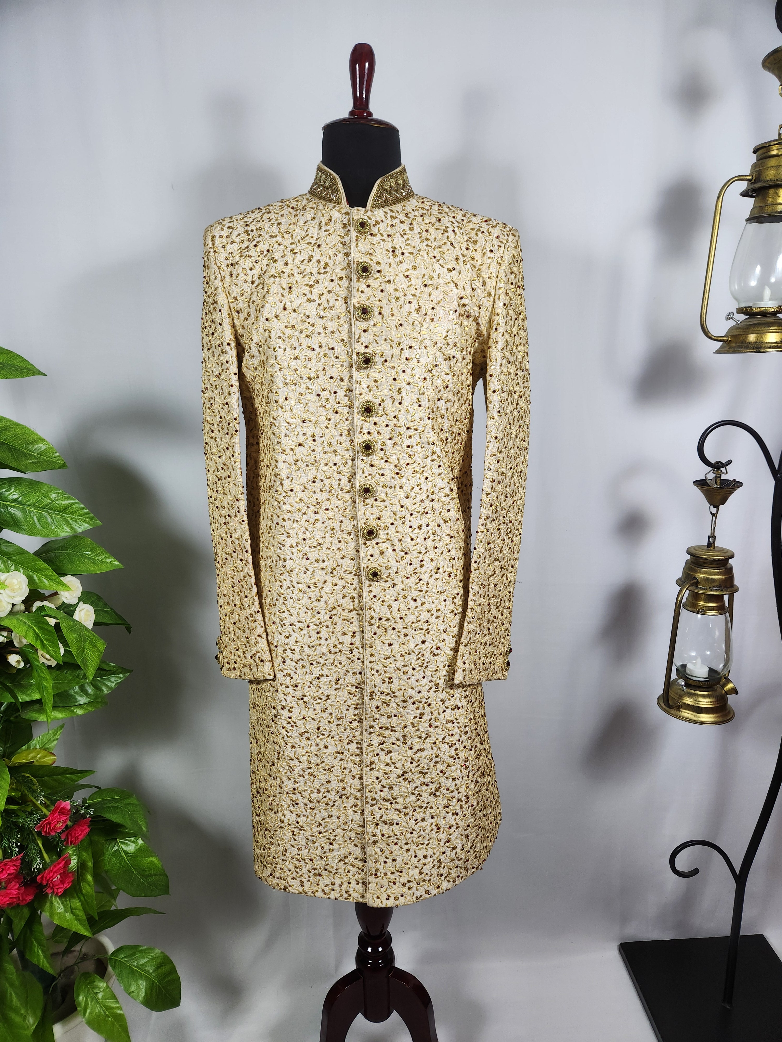 Golden Wedding Groom Sherwani - Marron Zarkan | Sherwani For Men