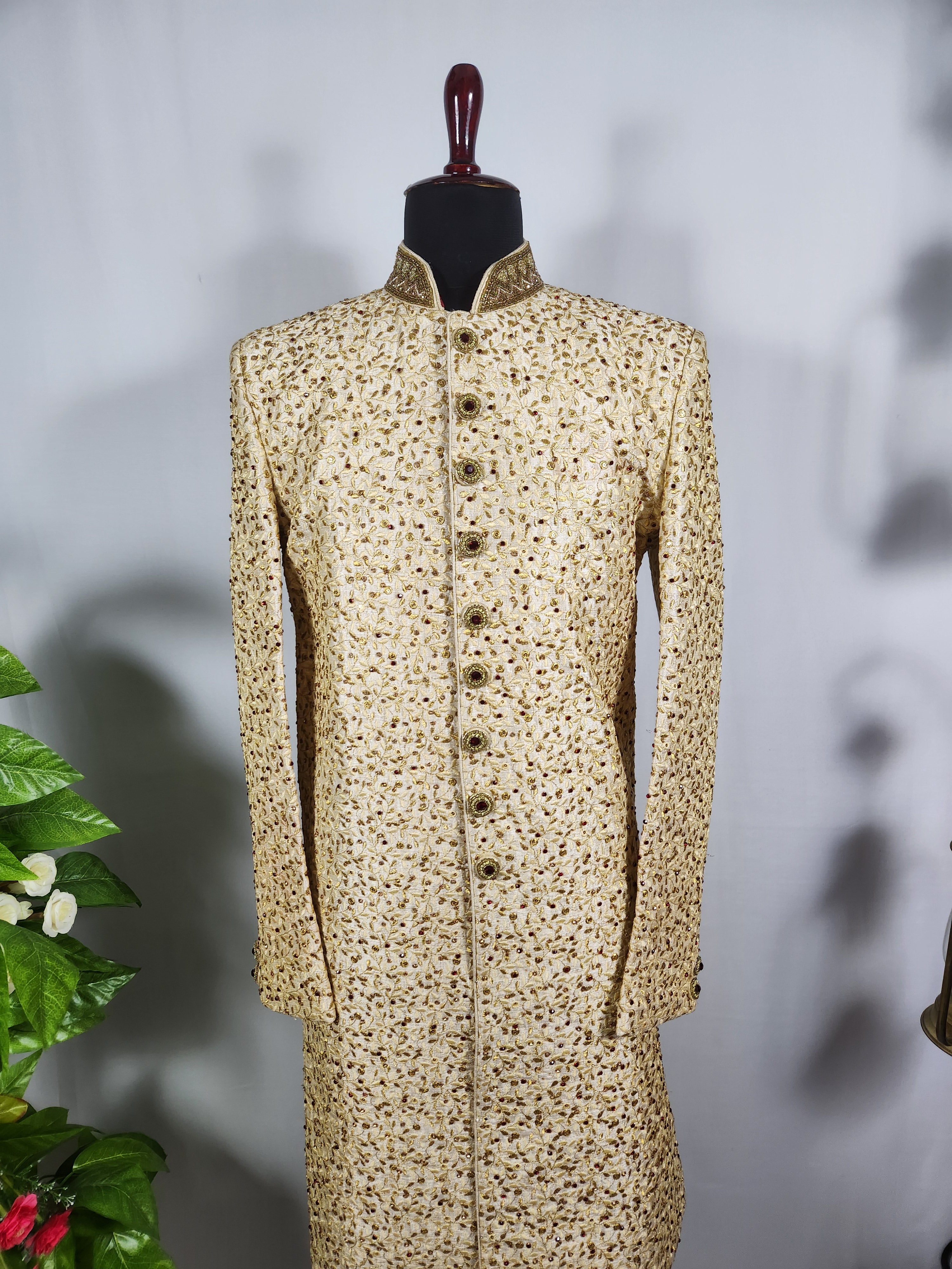 Golden Wedding Groom Sherwani - Marron Zarkan | Sherwani For Men