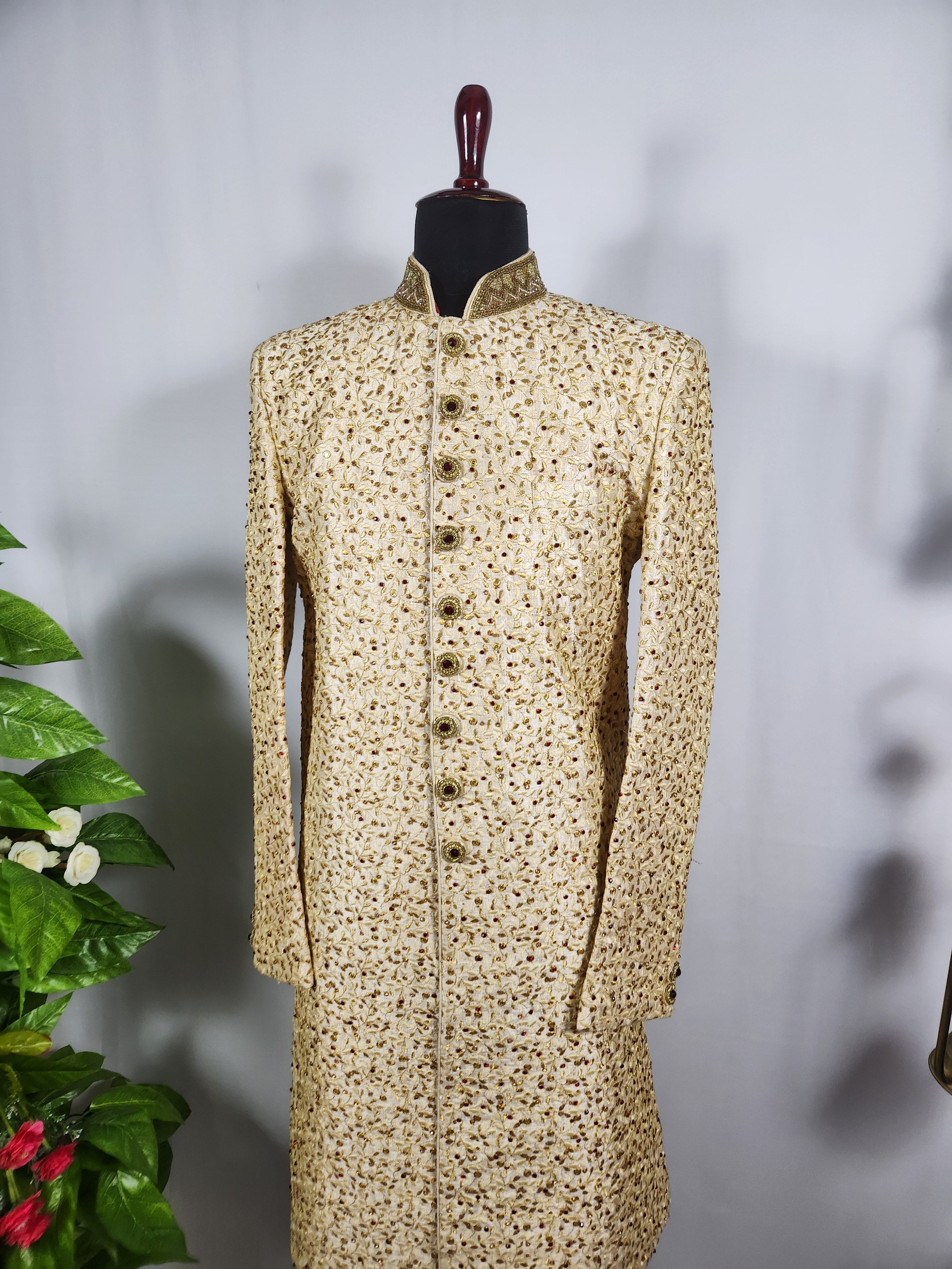 Golden Wedding Groom Sherwani - Marron Zarkan | Sherwani For Men