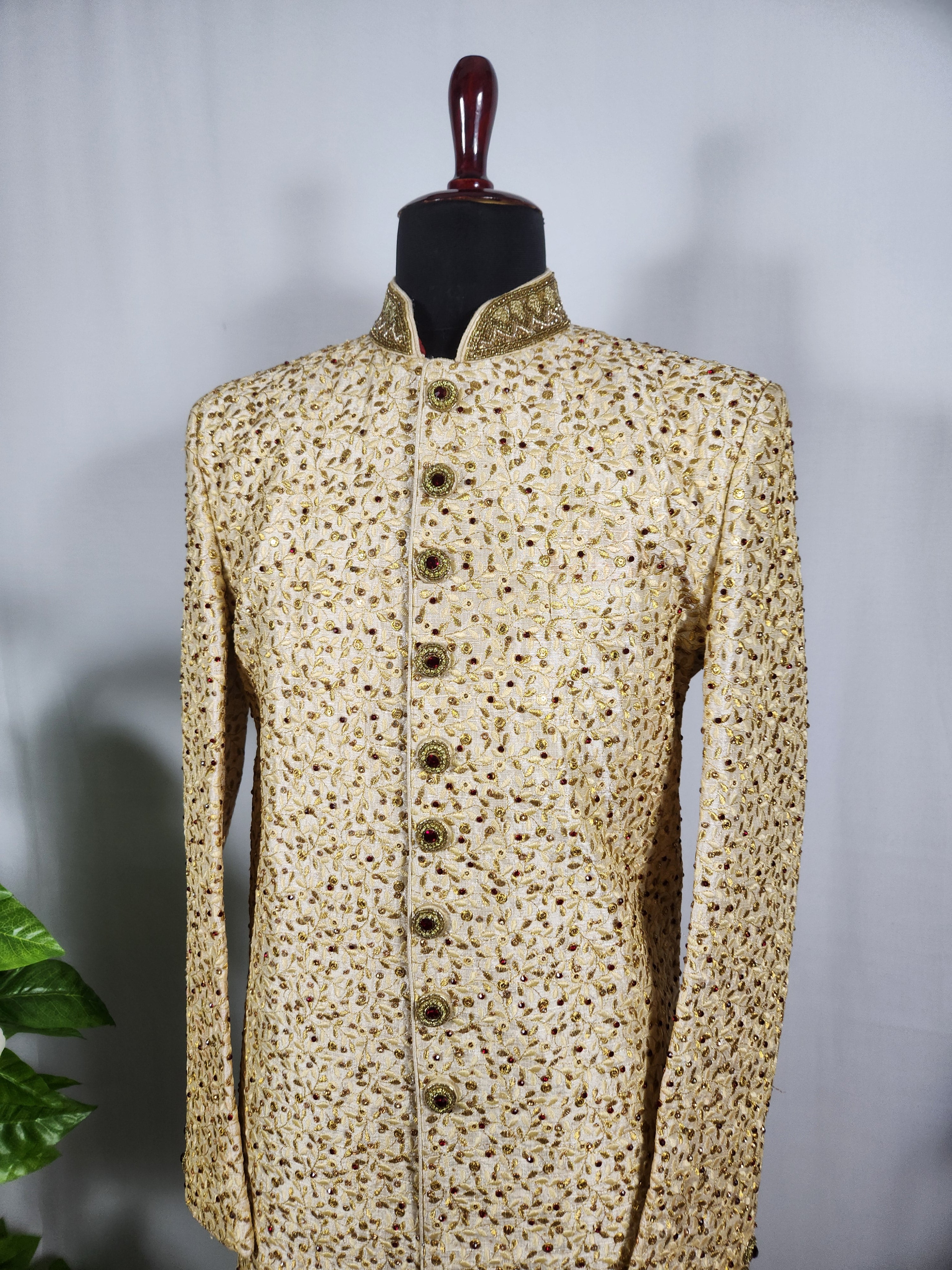 Golden Wedding Groom Sherwani - Marron Zarkan | Sherwani For Men