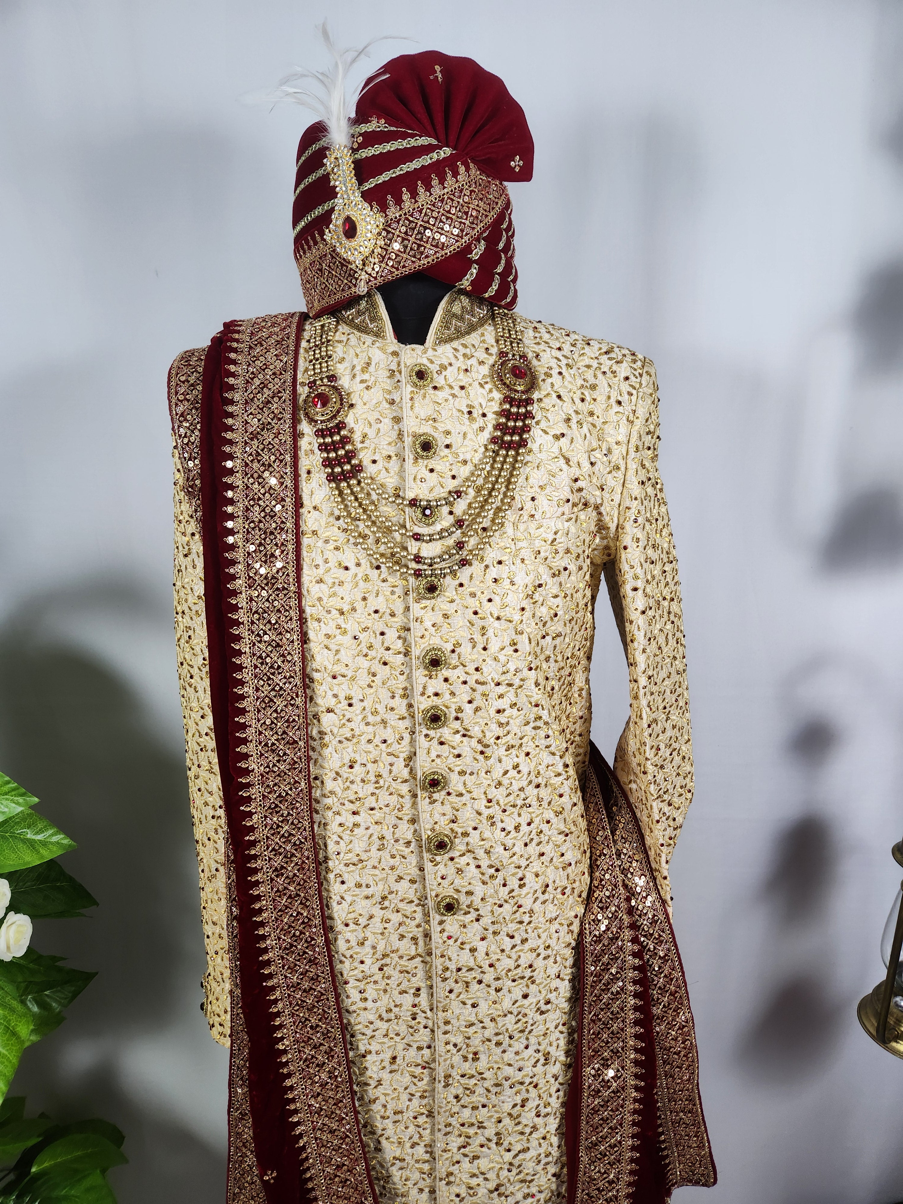 Golden Wedding Groom Sherwani - Marron Zarkan | Sherwani For Men