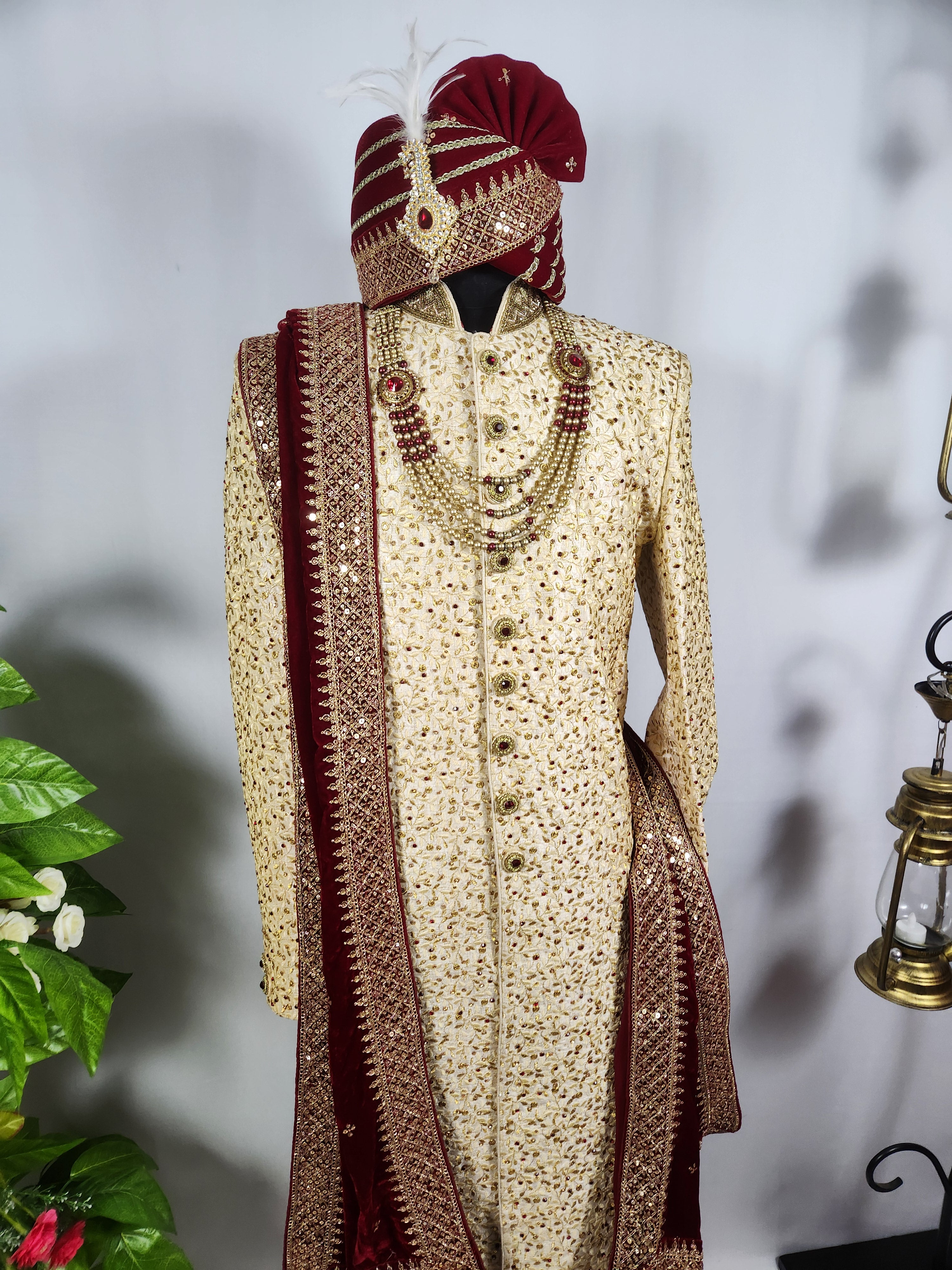 Golden Wedding Groom Sherwani - Marron Zarkan | Sherwani For Men