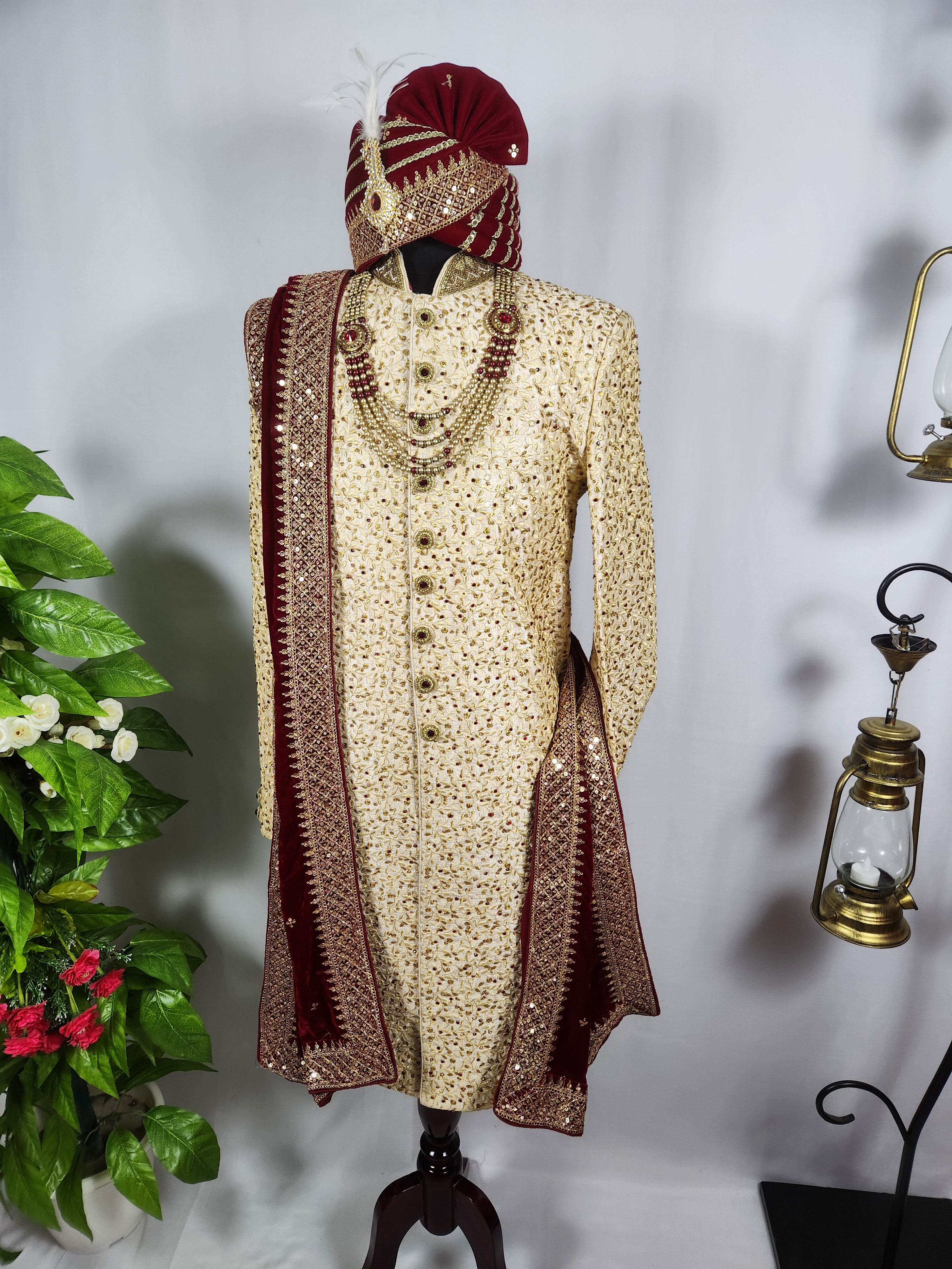 Golden Wedding Groom Sherwani - Marron Zarkan | Sherwani For Men