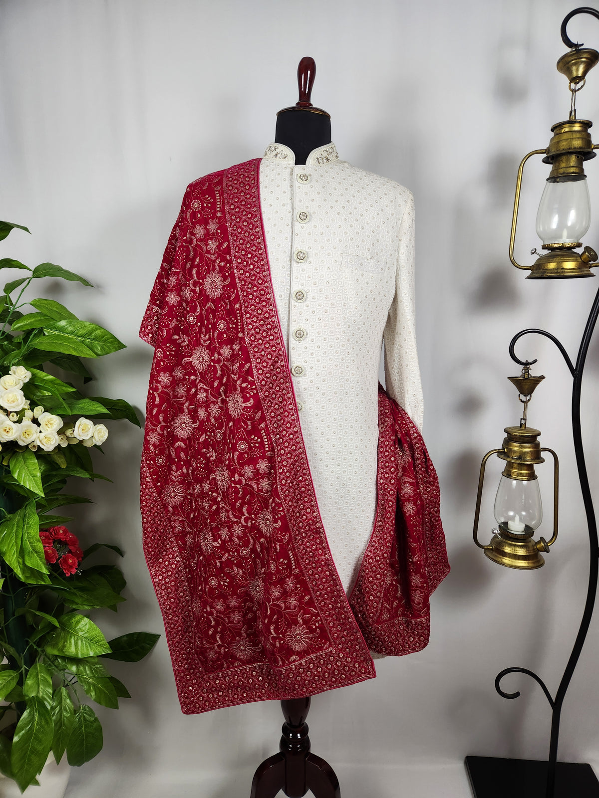Magenta Groom Shawl - White Embroidery | Stole For Men