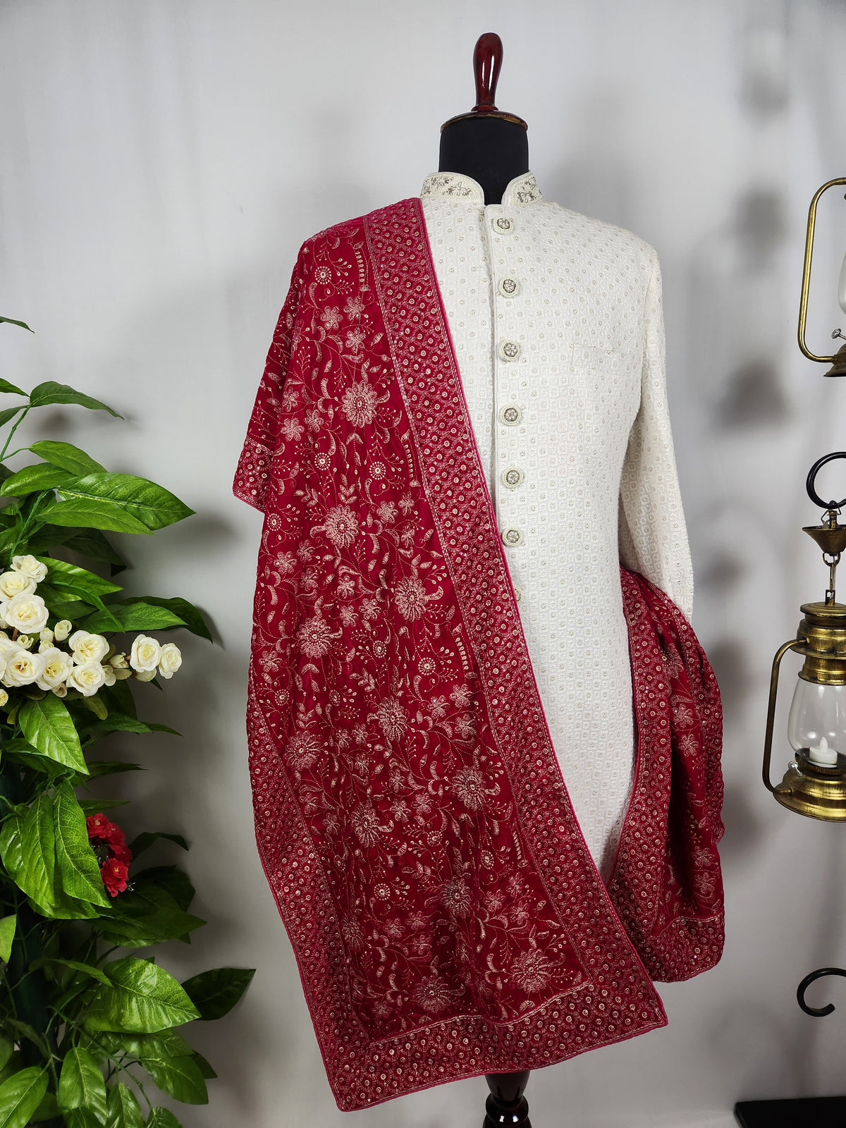Magenta Groom Shawl - White Embroidery | Stole For Men
