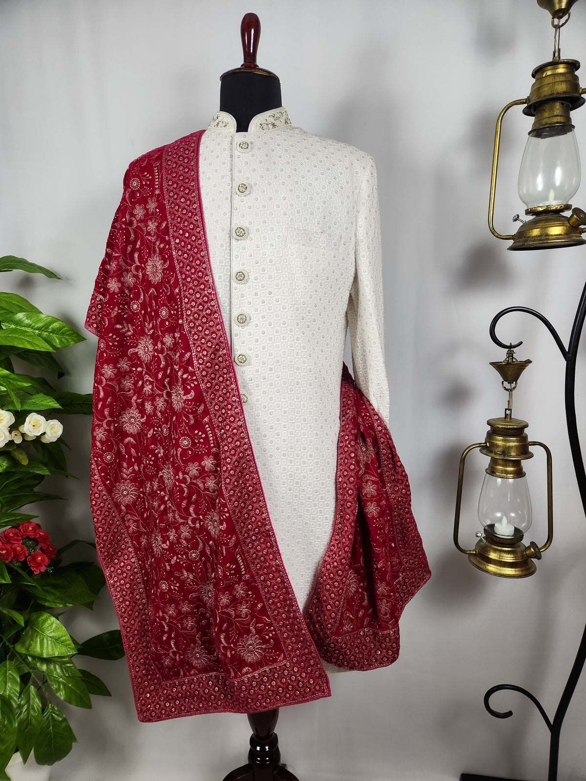 Magenta Groom Shawl - White Embroidery | Stole For Men