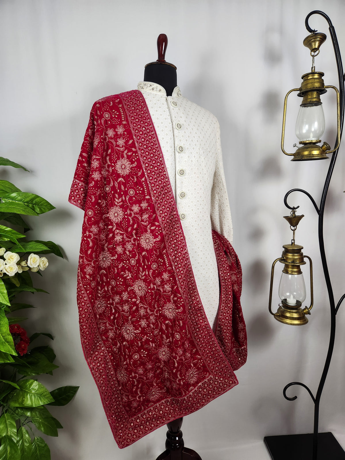 Magenta Groom Shawl - White Embroidery | Stole For Men