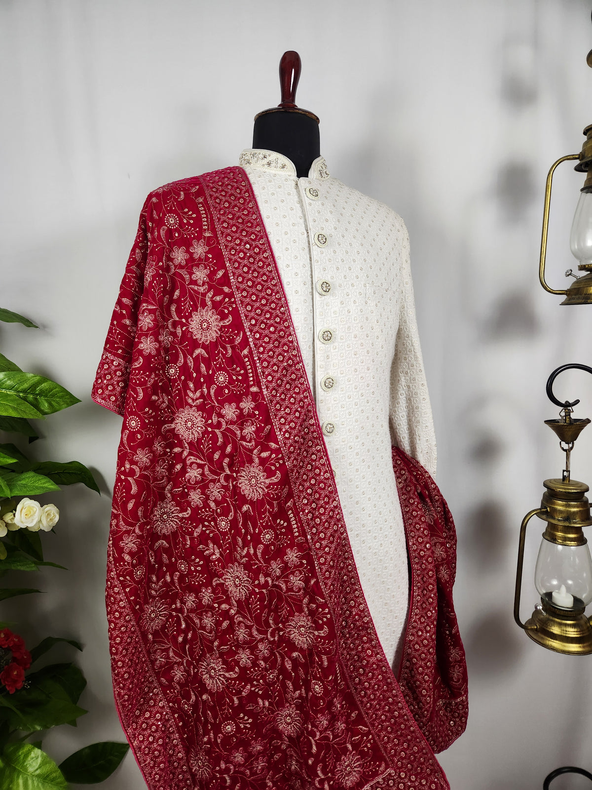Magenta Groom Shawl - White Embroidery | Stole For Men