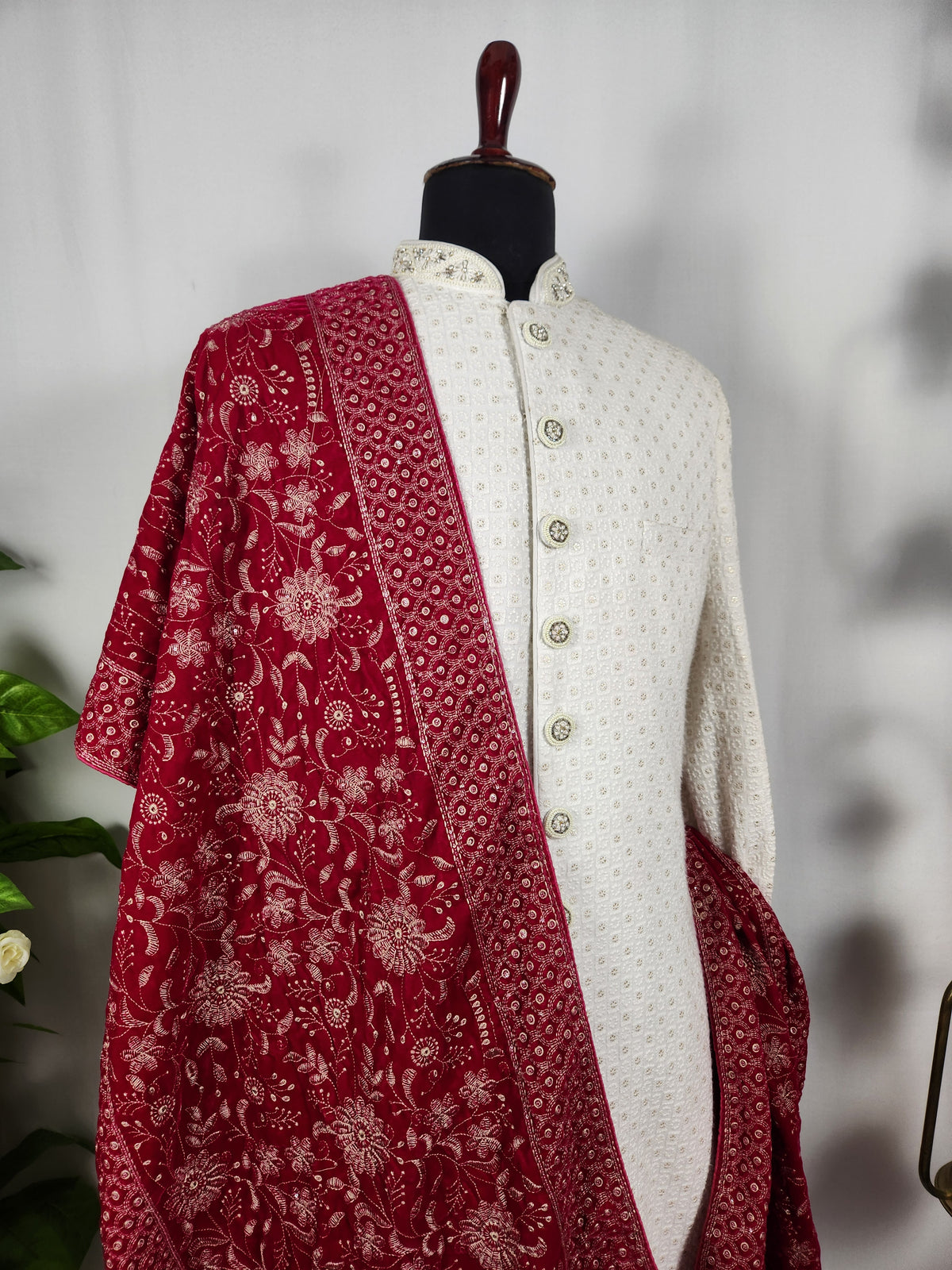 Magenta Groom Shawl - White Embroidery | Stole For Men