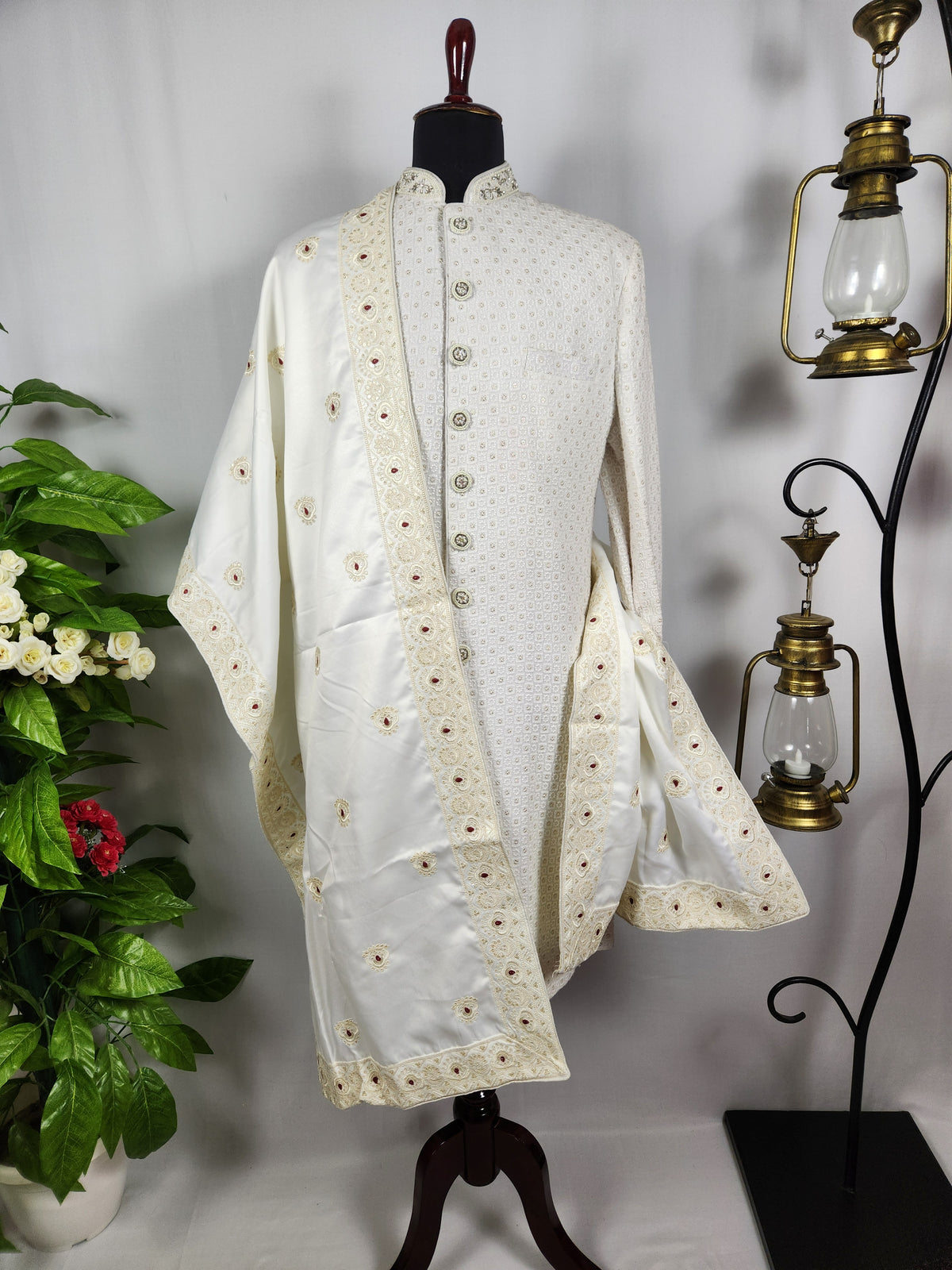 White Wedding Shawl for Groom - Embroidered Sherwani Stole with Red Touch