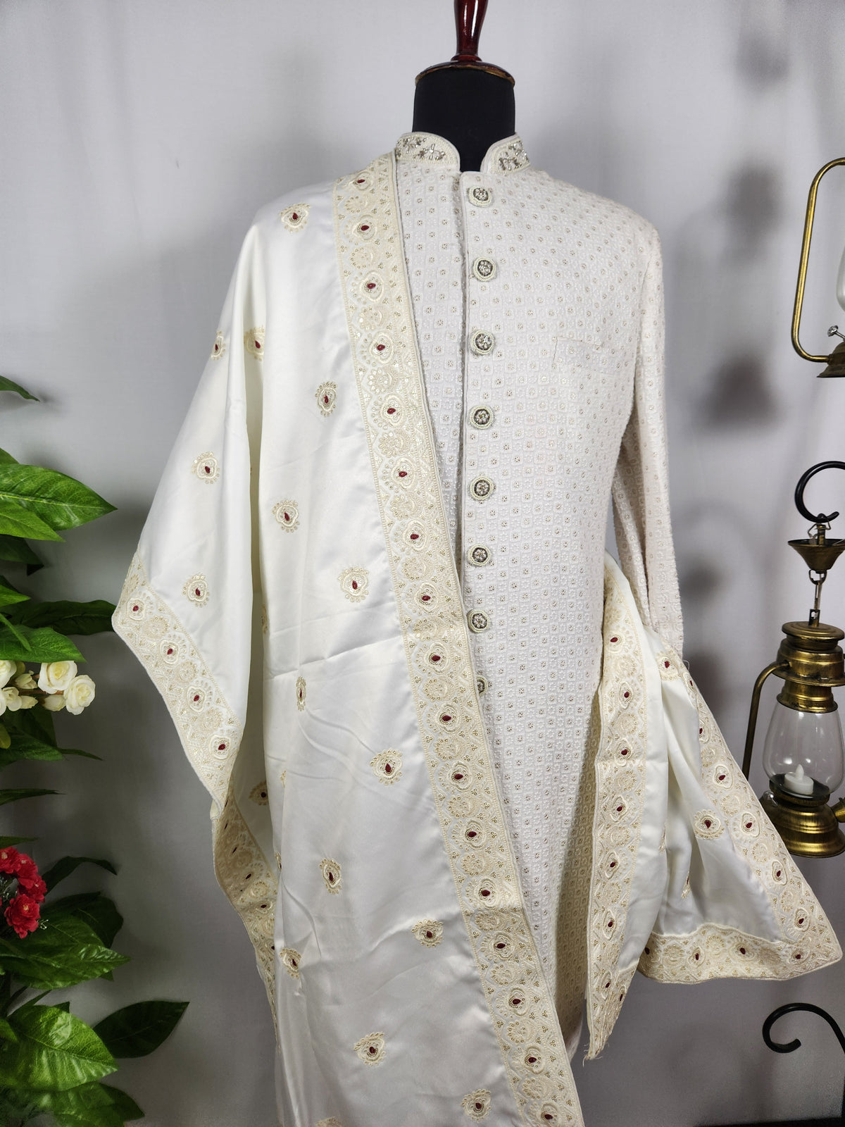 White Wedding Shawl for Groom - Embroidered Sherwani Stole with Red Touch