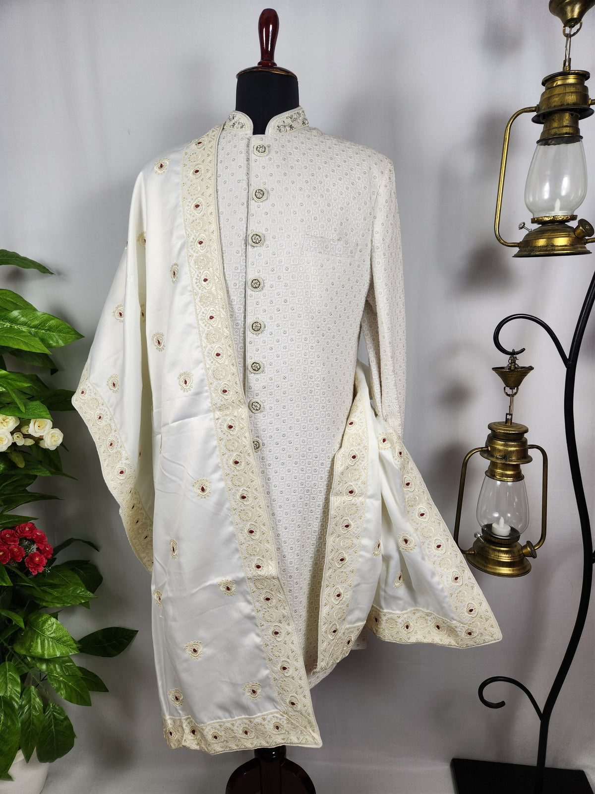 White Wedding Shawl for Groom - Embroidered Sherwani Stole with Red Touch