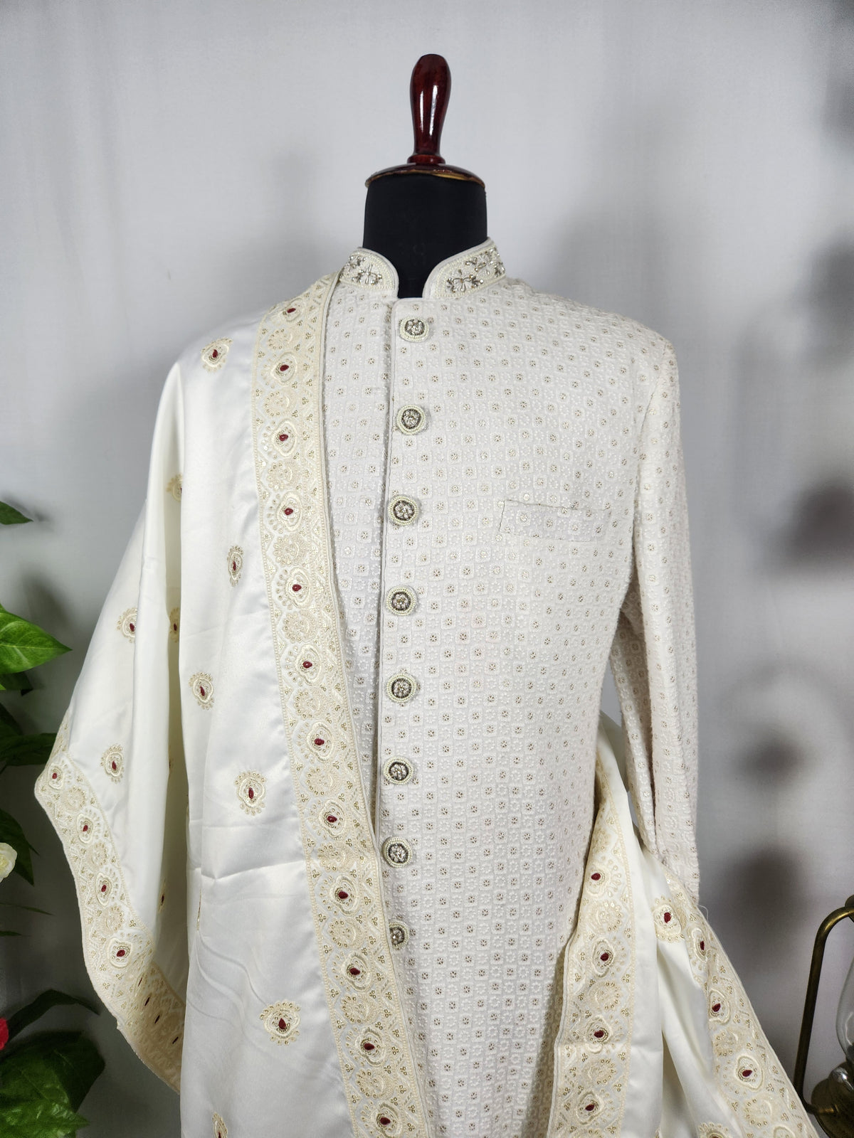 White Wedding Shawl for Groom - Embroidered Sherwani Stole with Red Touch
