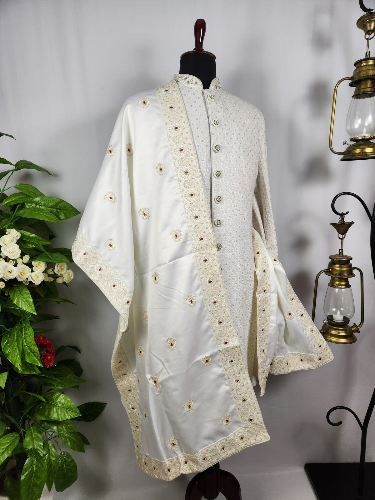 White Wedding Shawl for Groom - Embroidered Sherwani Stole with Red Touch