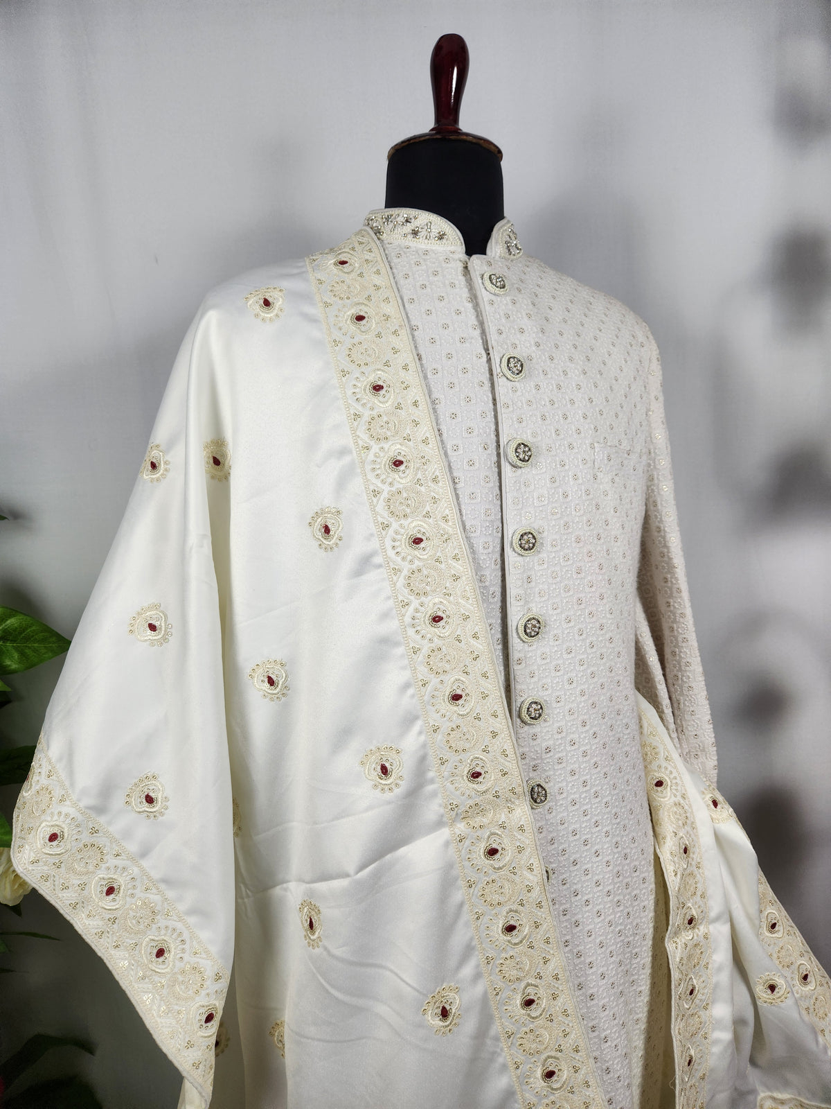 White Wedding Shawl for Groom - Embroidered Sherwani Stole with Red Touch