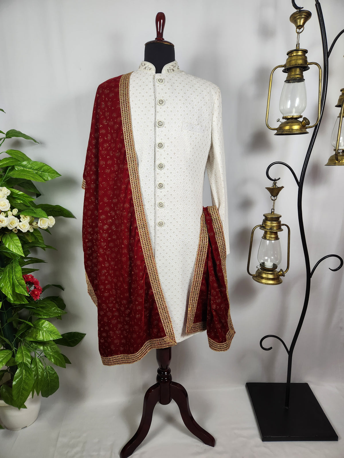 Red Groom Shawl - Gold Pattern Printed | Shawl For Men