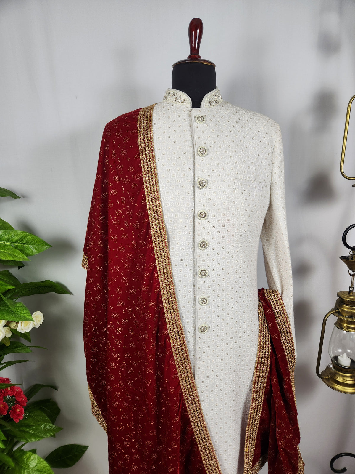 Red Groom Shawl - Gold Pattern Printed | Shawl For Men