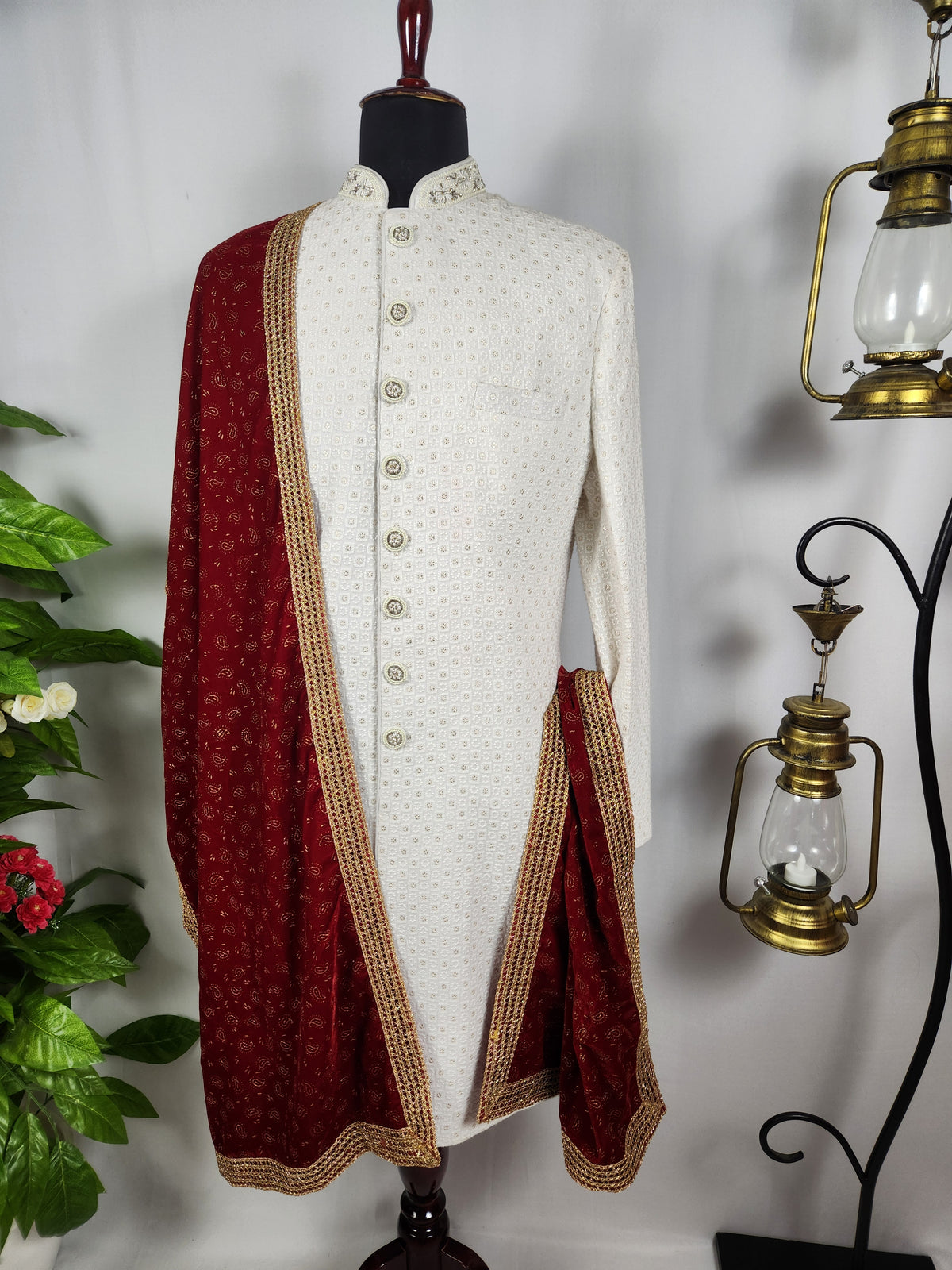 Red Groom Shawl - Gold Pattern Printed | Shawl For Men