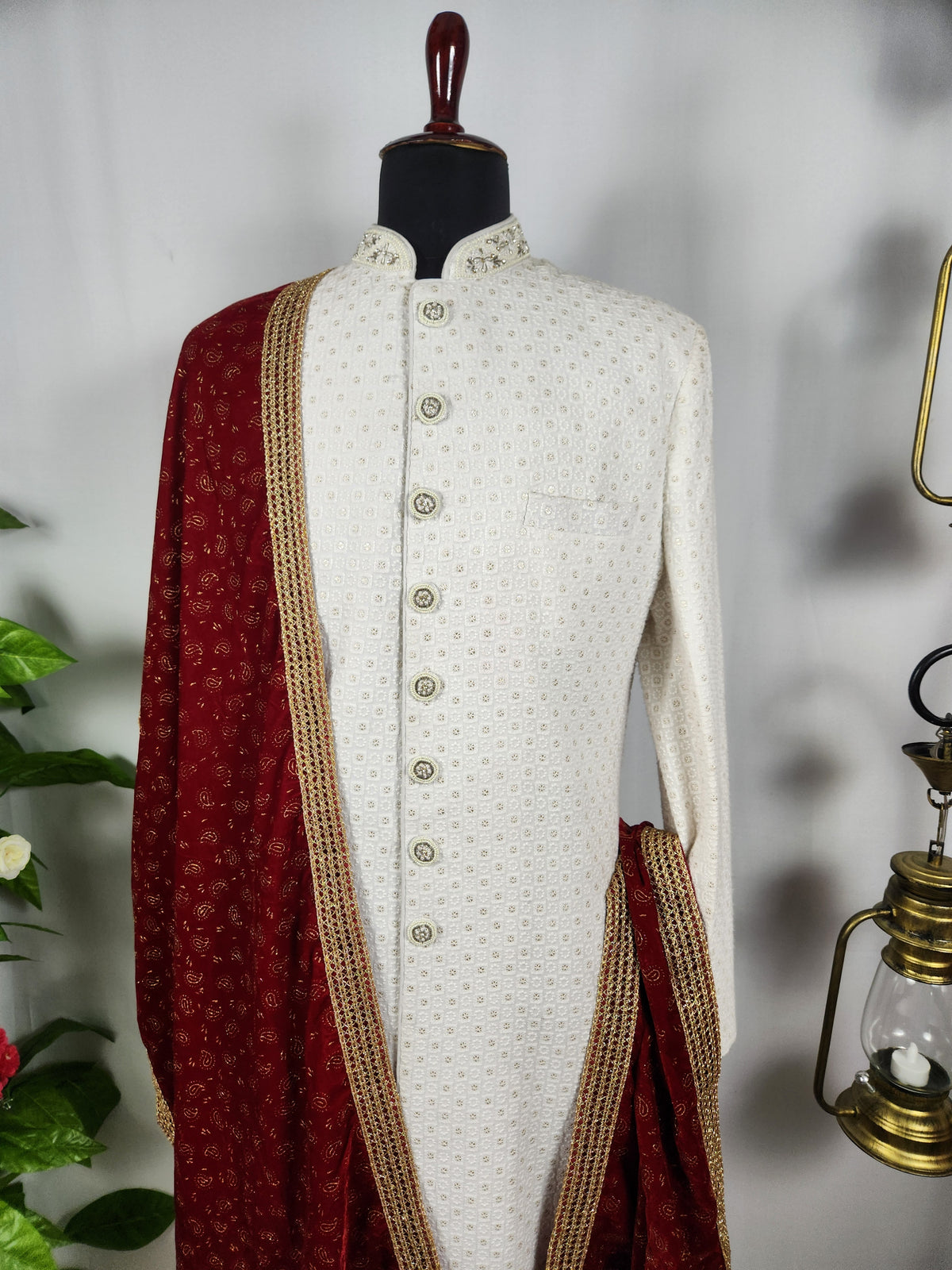 Red Groom Shawl - Gold Pattern Printed | Shawl For Men