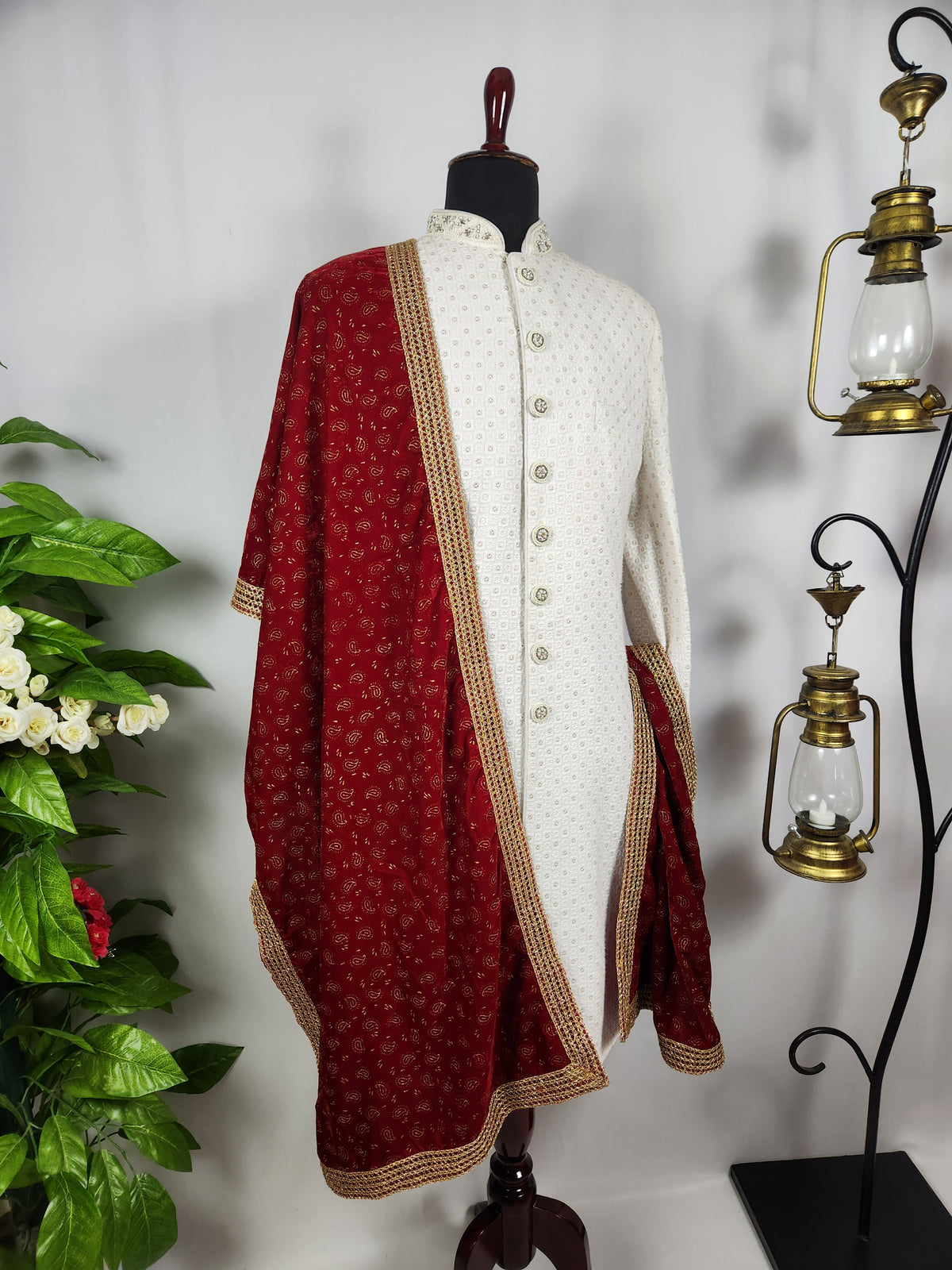 Red Groom Shawl - Gold Pattern Printed | Shawl For Men
