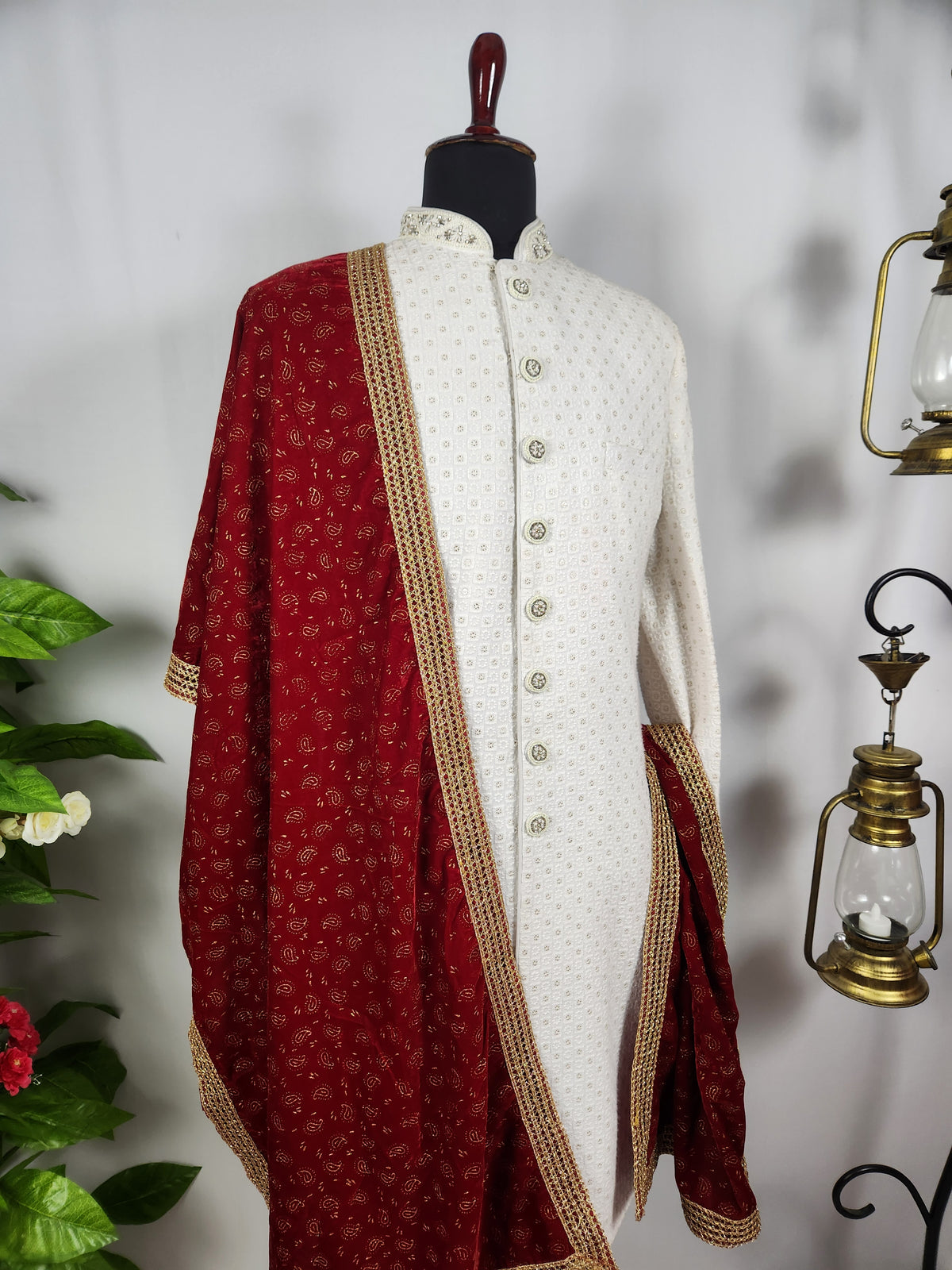 Red Groom Shawl - Gold Pattern Printed | Shawl For Men
