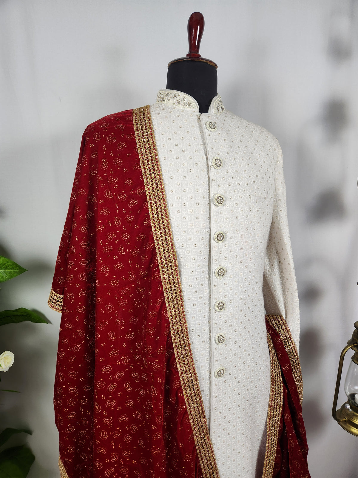 Red Groom Shawl - Gold Pattern Printed | Shawl For Men
