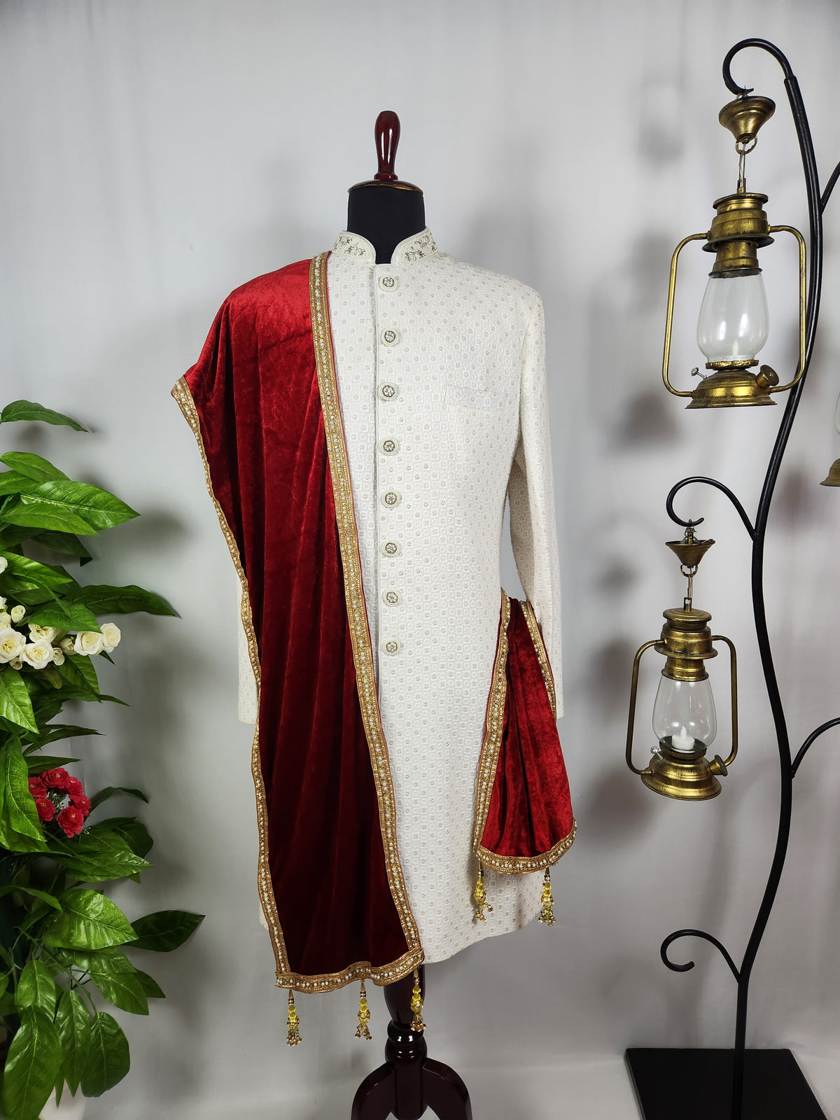 Red Groom Shawl - Golden Border | Stole For Men