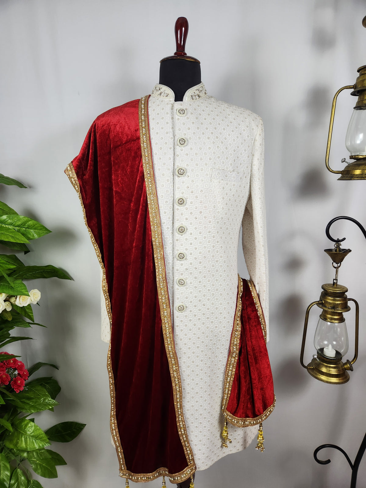 Red Groom Shawl - Golden Border | Stole For Men