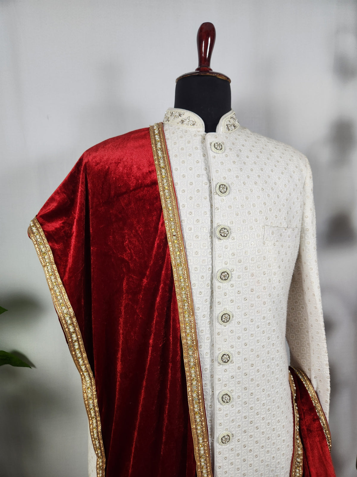 Red Groom Shawl - Golden Border | Stole For Men