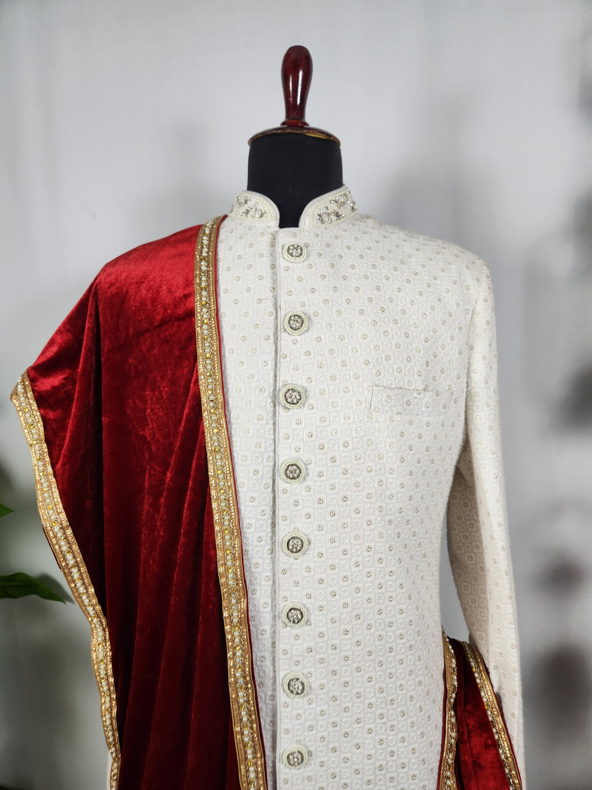 Red Groom Shawl - Golden Border | Stole For Men