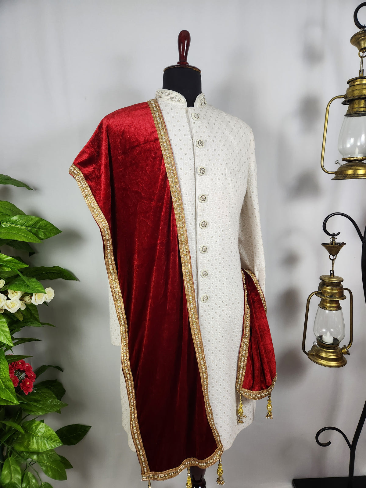 Red Groom Shawl - Golden Border | Stole For Men
