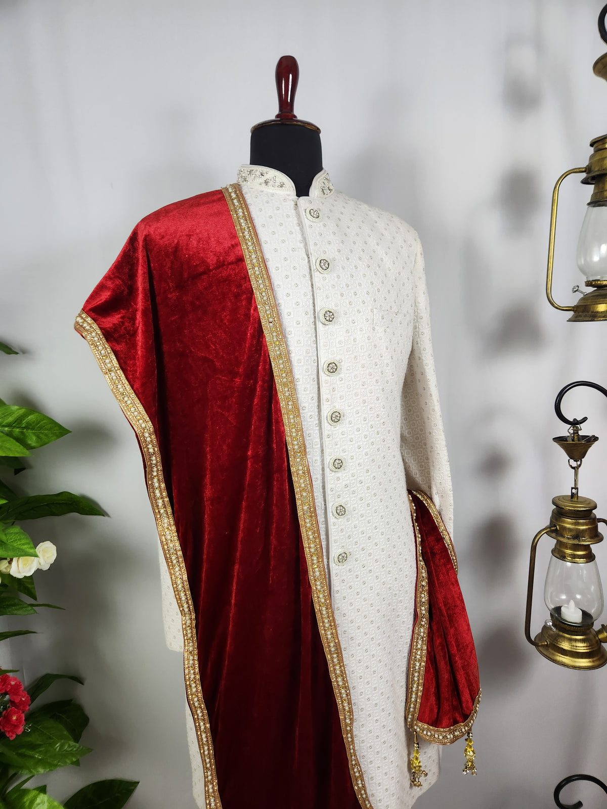 Red Groom Shawl - Golden Border | Stole For Men